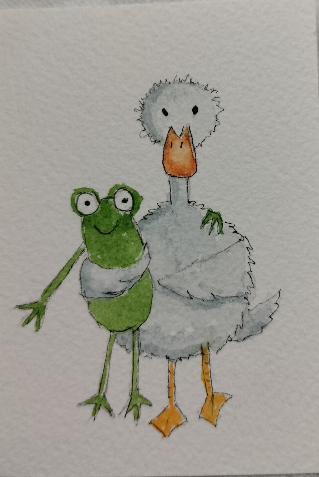 Original Watercolor ACEO – 2.5″ x 3.5″ – “Besties” – Frog and Duck