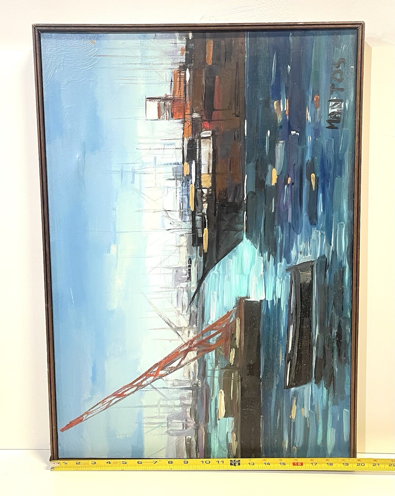 Vintage Harbor Shipyard Nautical Scene Painting On Canvas Framed Signed