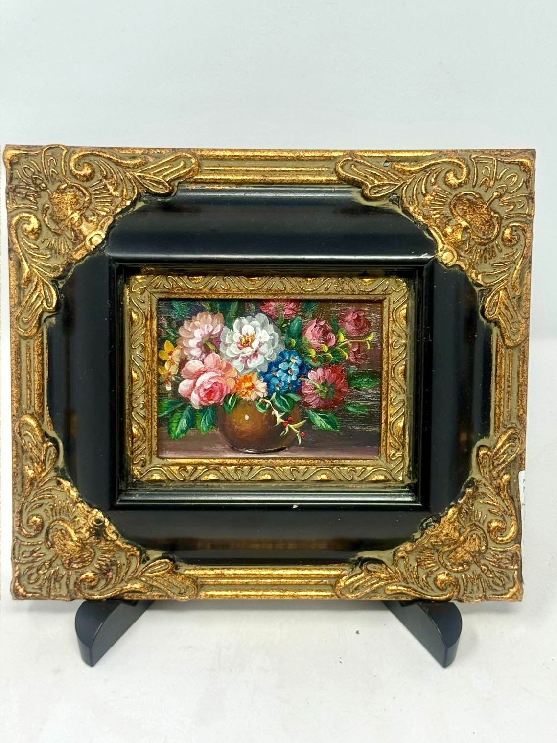 Vintage Mini Floral Still Life Painting Ornate Black Gold Frame 8×7