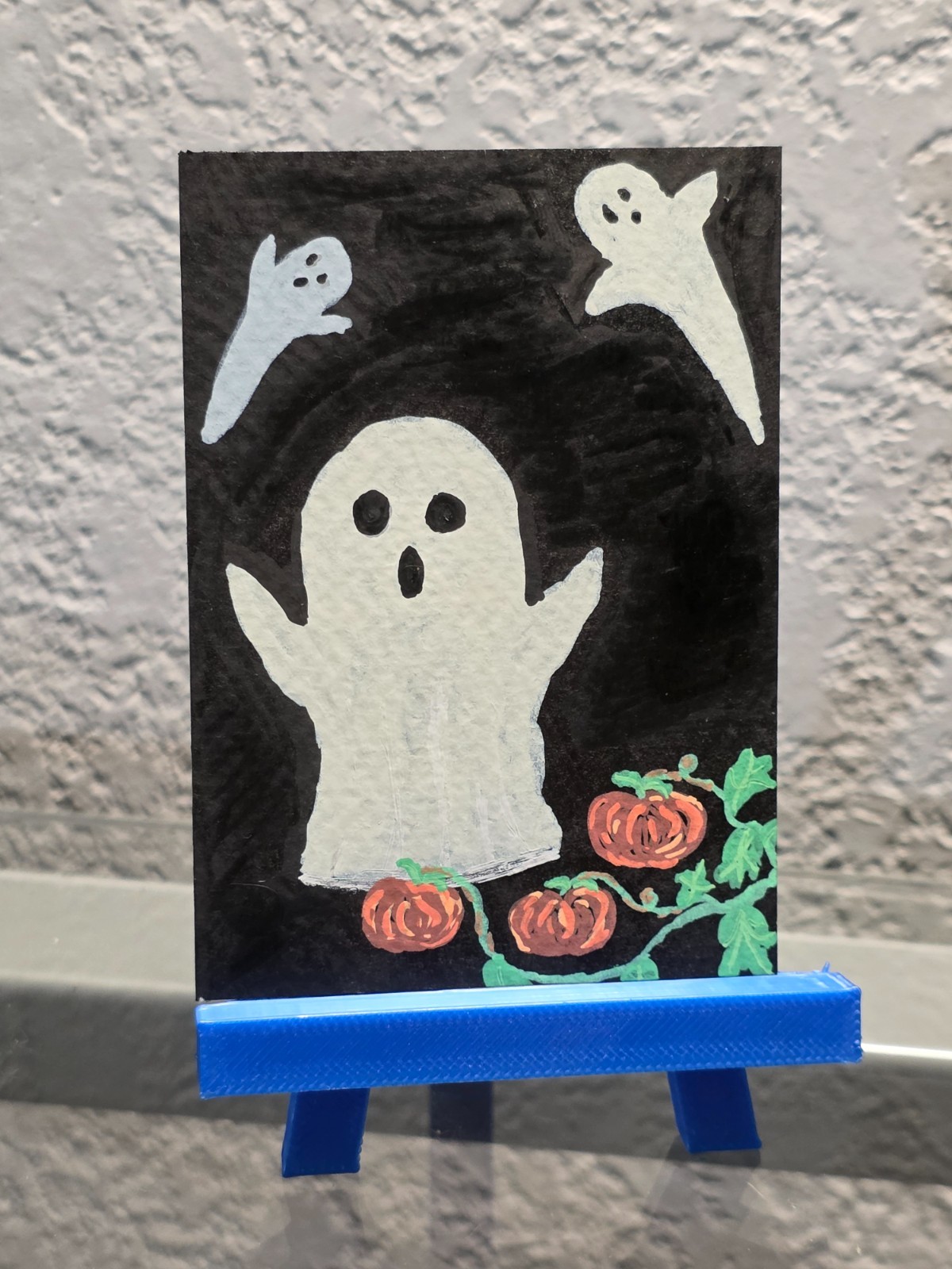 ACEO original painting, ghost, Halloween, pumpkins, Wyld Dog Art