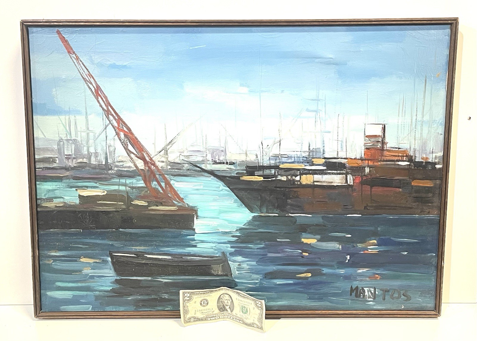 Vintage Harbor Shipyard Nautical Scene Painting On Canvas Framed Signed