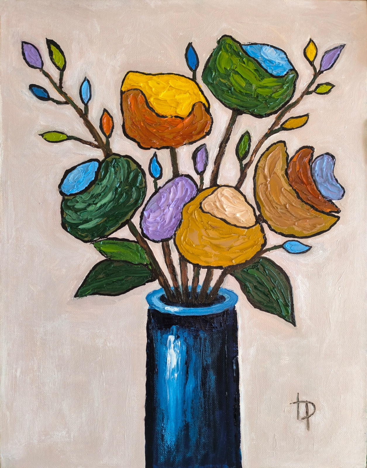 Colorful Stylized Semi-Abstract Flower Bouquet Oil Painting 11×14 Textured Flora