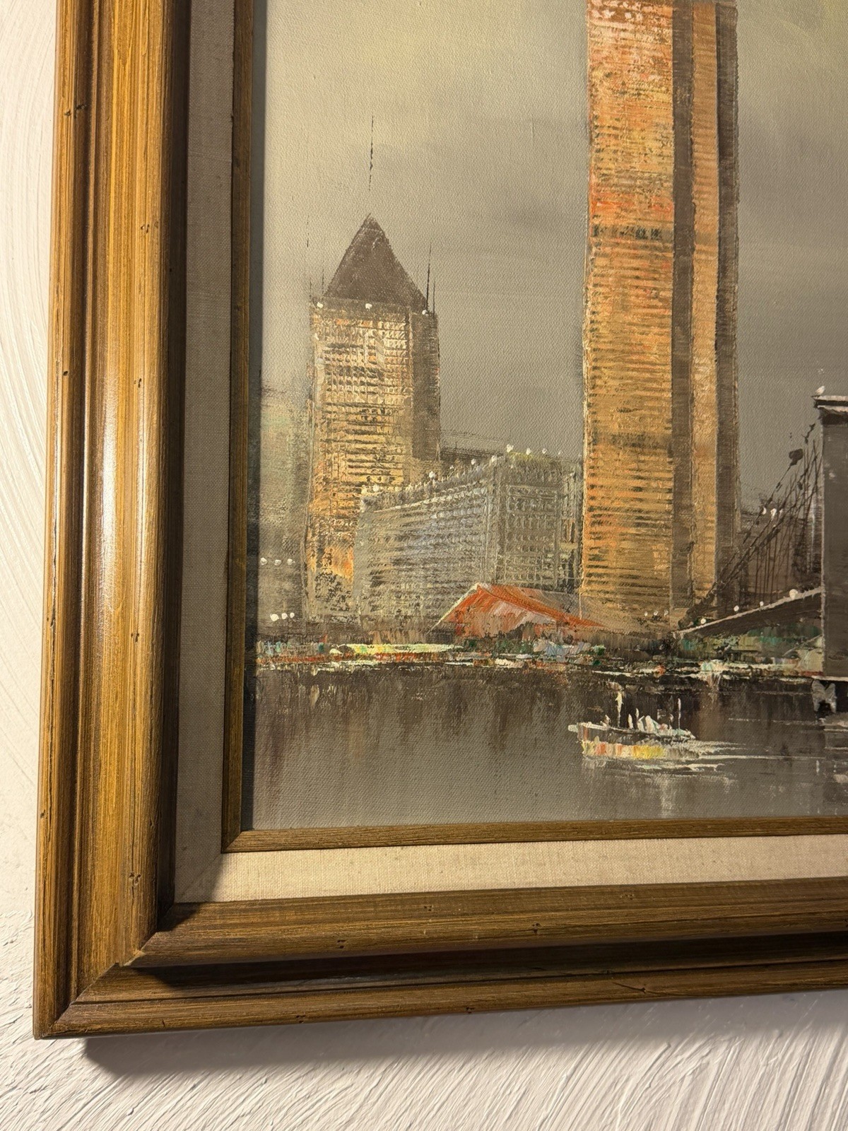 World Trade Center Towers Brooklyn Bridge signed Giacomo, Oil Canvas Wood VTG