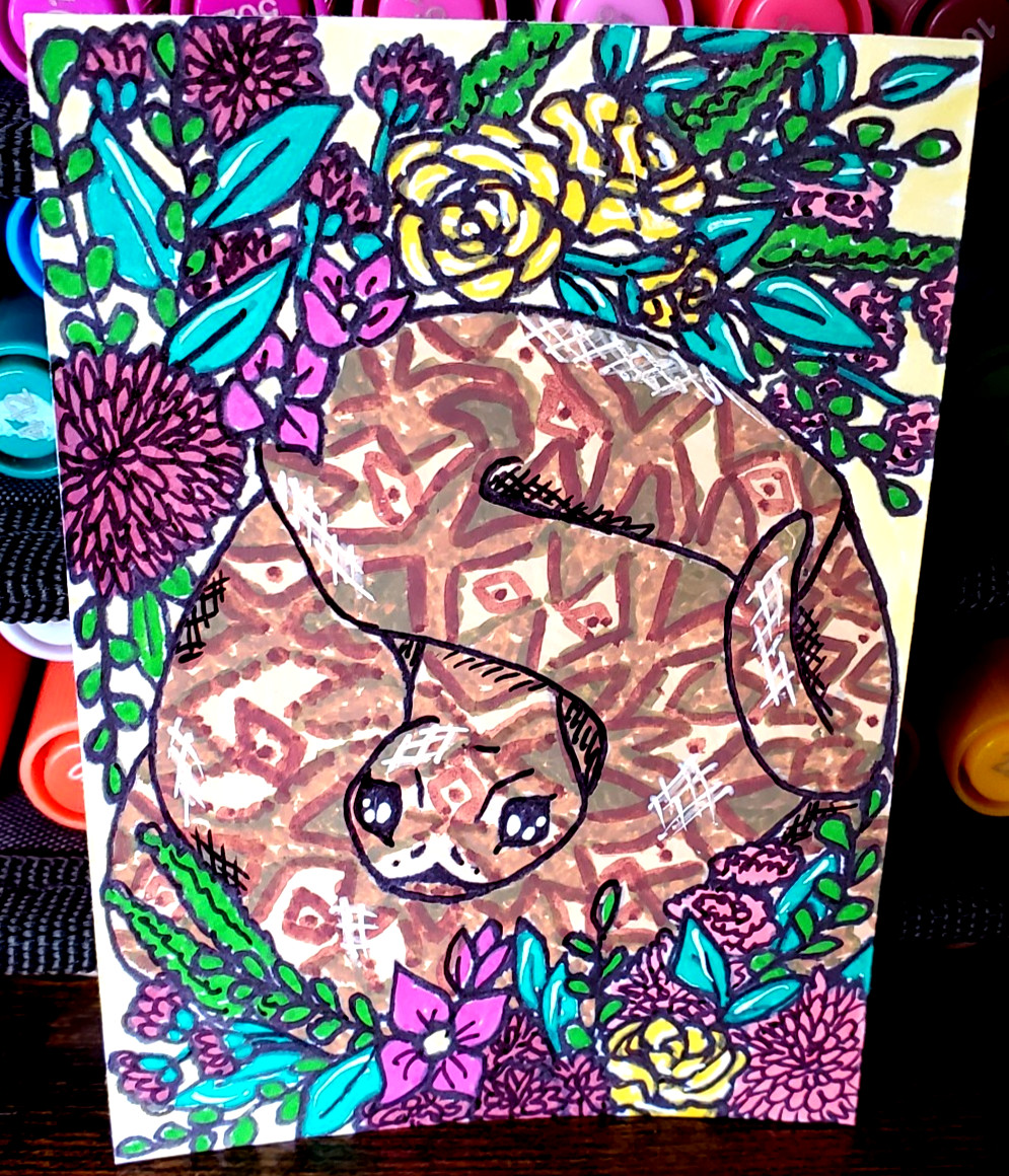 ACEO Original Art, OOAK, Snakes and Flowers, Acrylic Snake Painting #5
