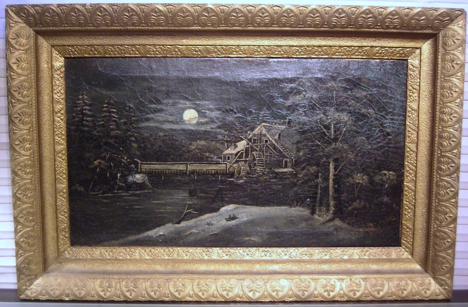 Antique 19th c Nocturne Moonlit Landscape with Water Mill and Figures Primitive
