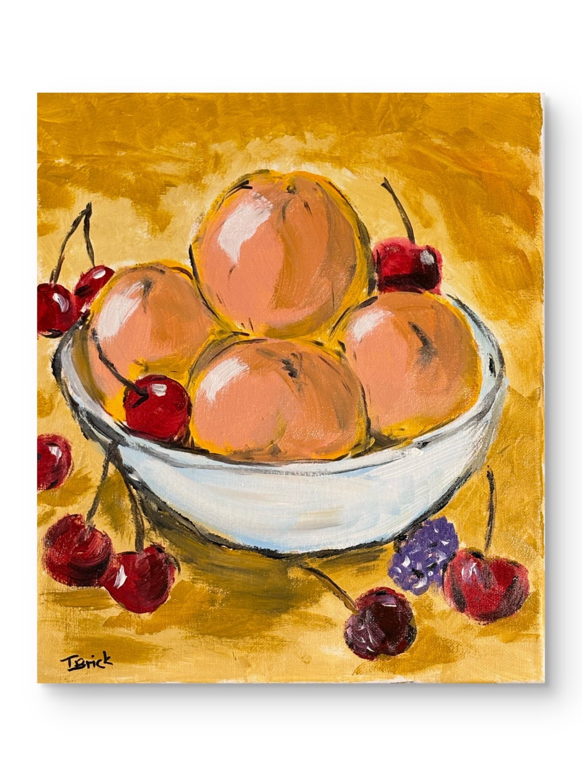 Peach Still Life Painting Original Fruit Bowl Acrylic Art Cherries Kitchen Decor