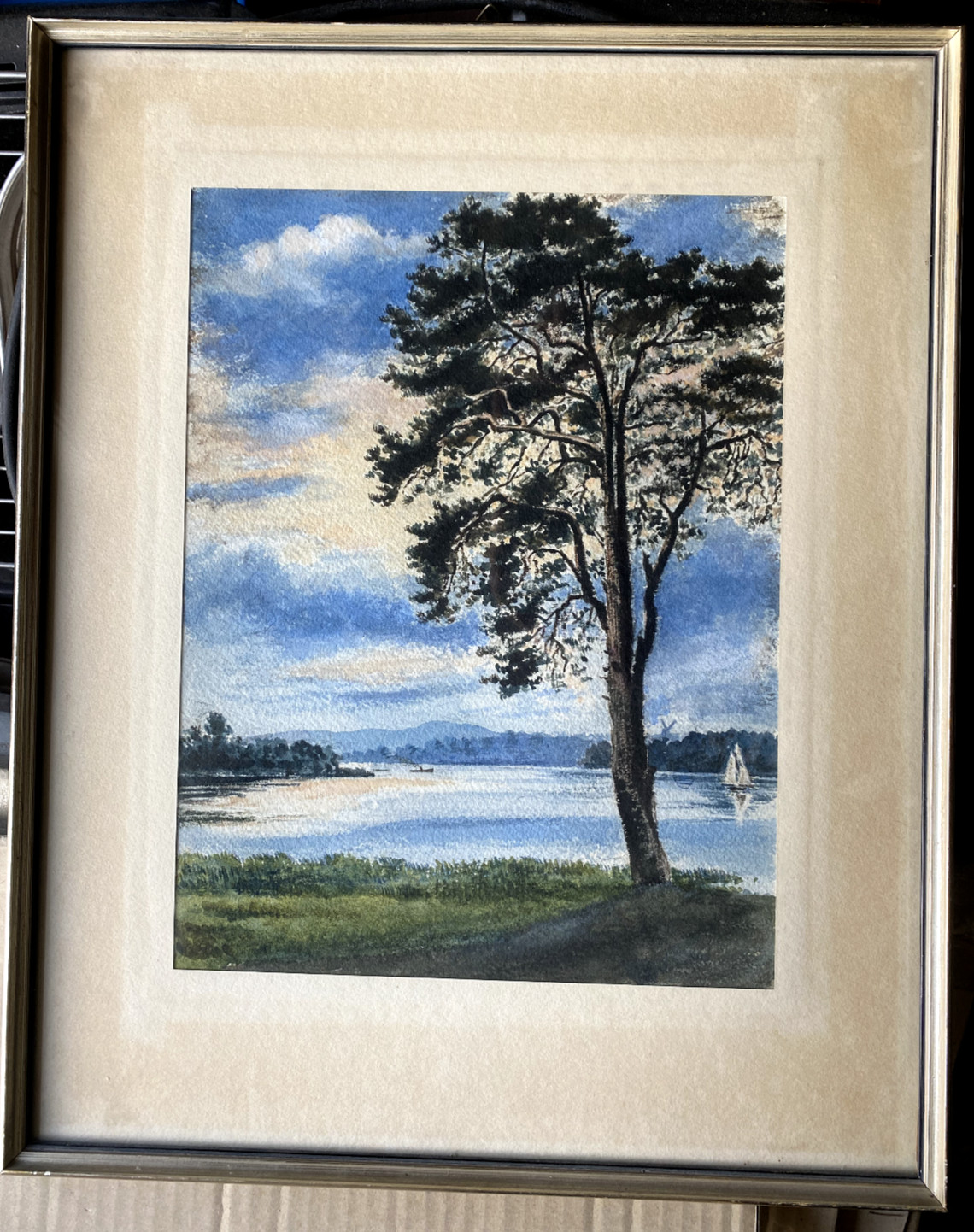 Watercolor Sailboat Tree on the Shore Meadow Lake Waters Blue Sky Beach