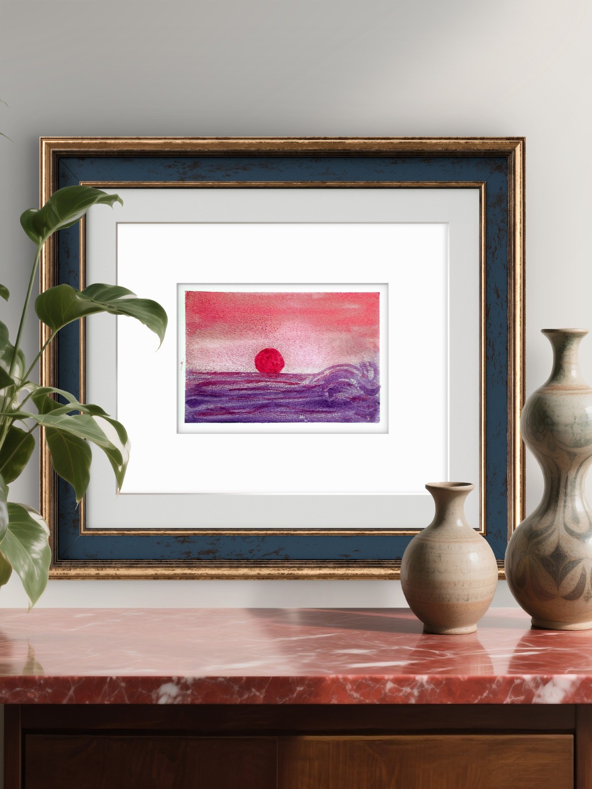 Red Sun Lavender Wave Original 5×7 Watercolor Painting Signed Art Home Decor