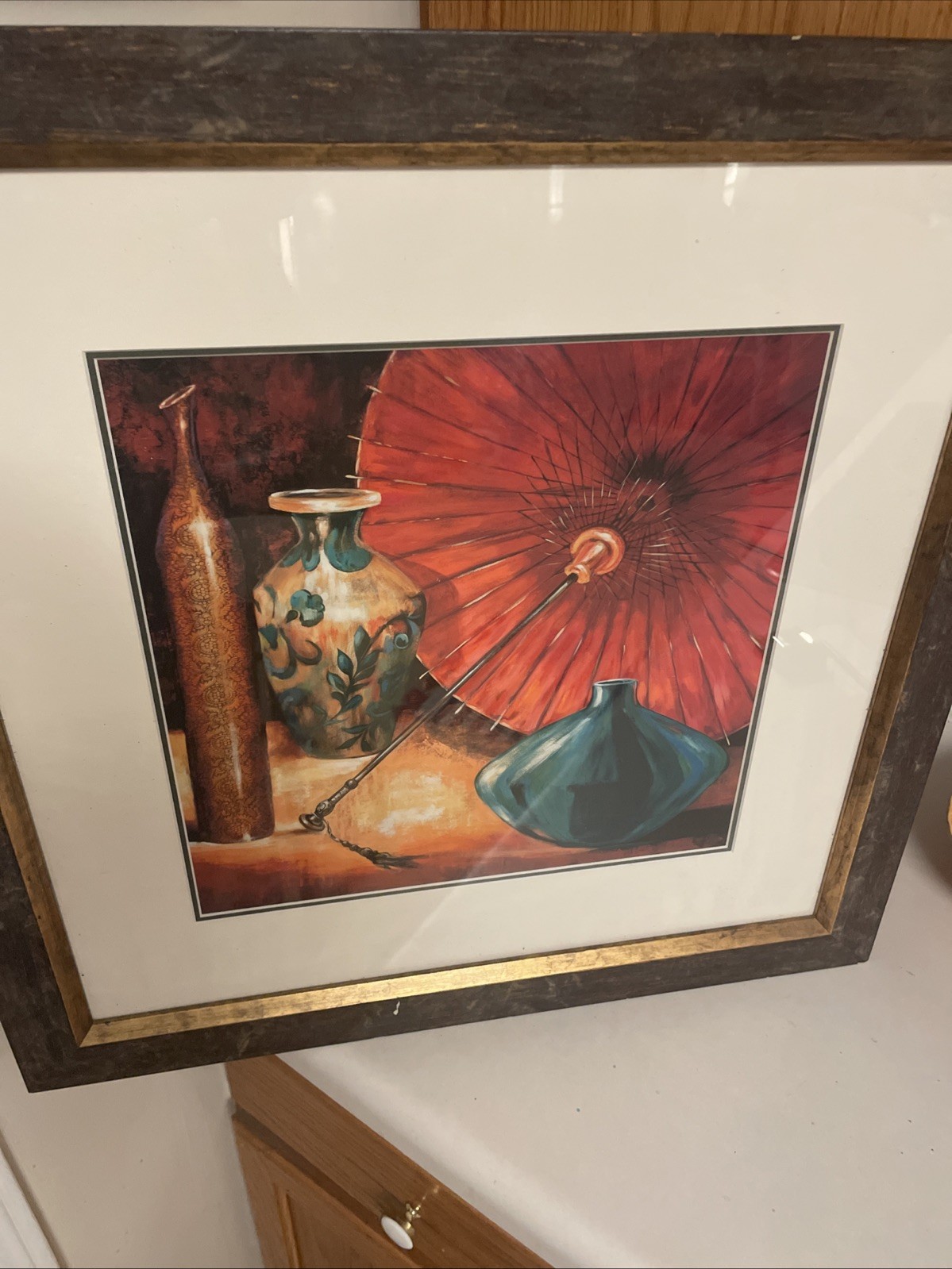 Zen Contemporary Art Print- Vases & Umbrella-Asian Realism. Framed 22.25” X22.2