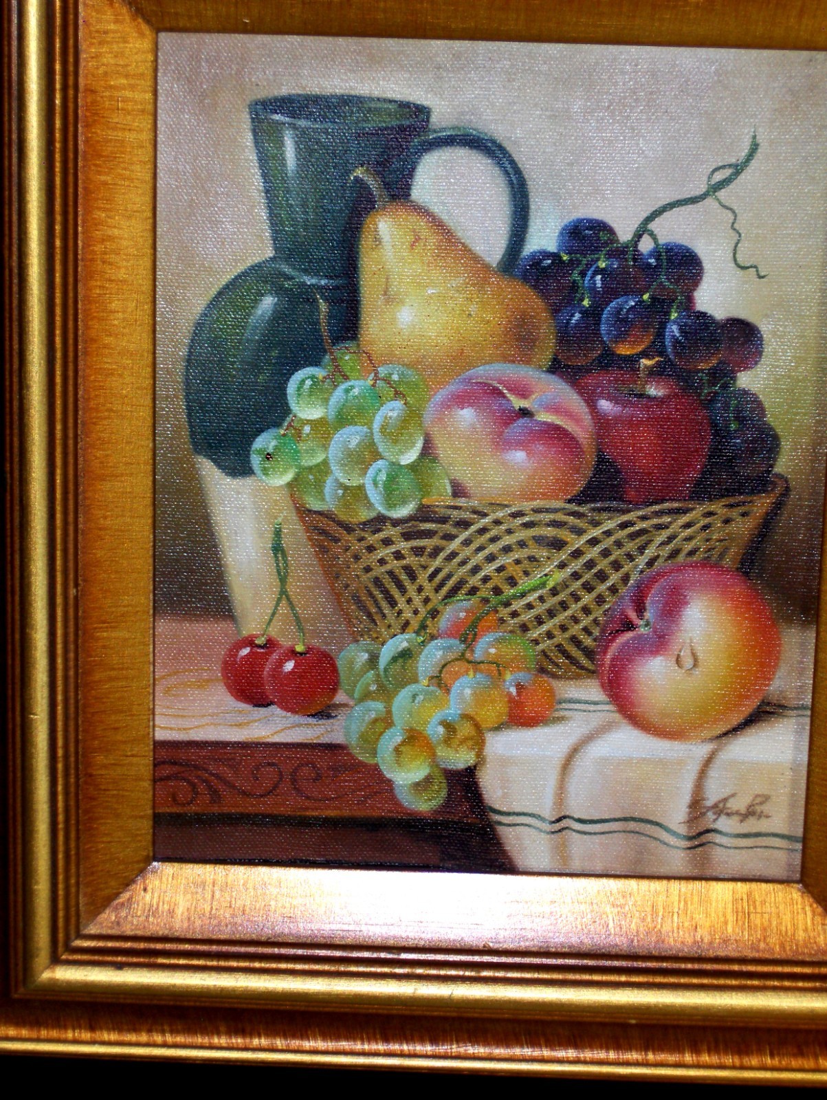 ORIGINAL OLD VINTAGE Basket Pitcher Fruits Still Life Table Oil Canvas Painting