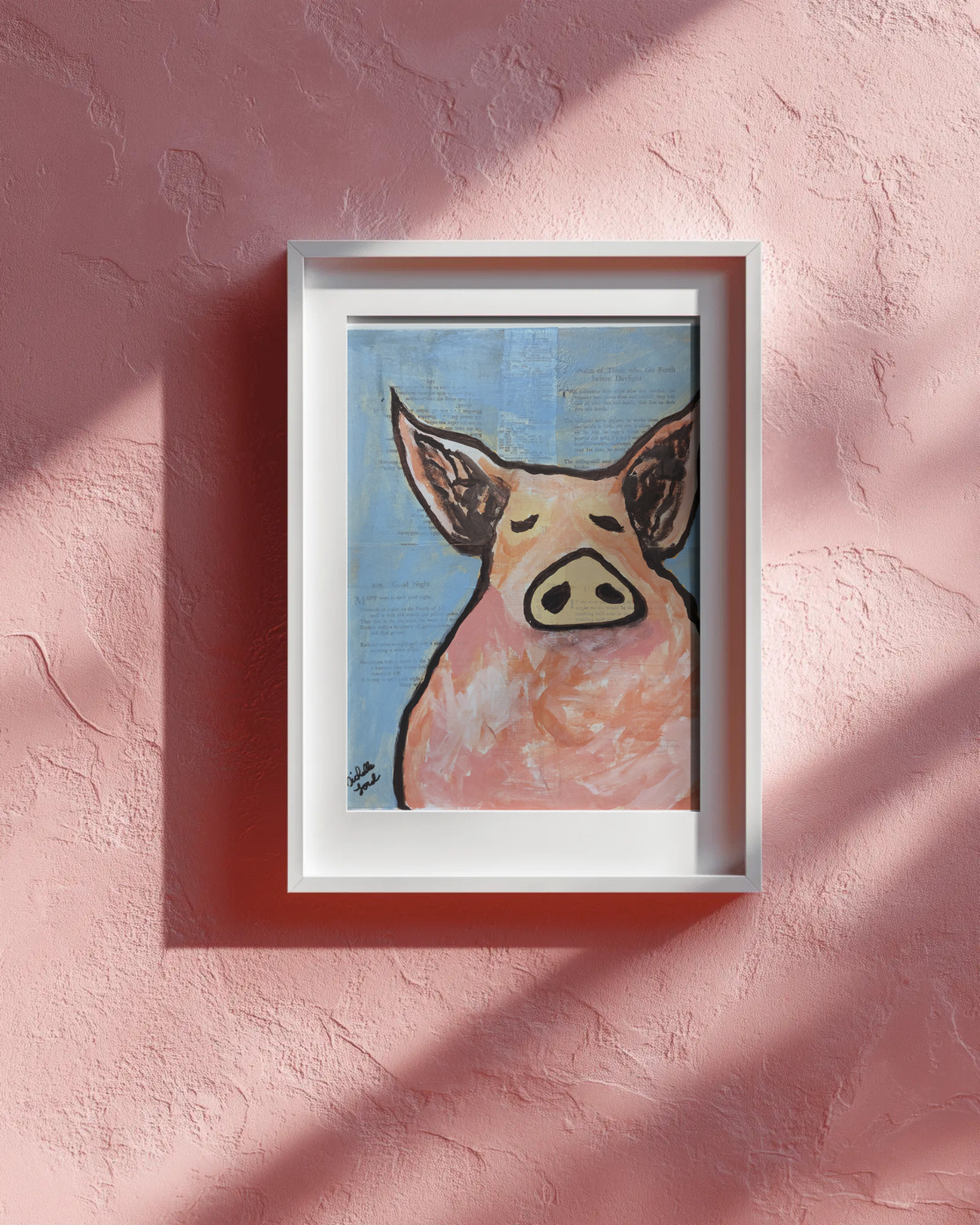 Original Outsider Folk Art Pig Painting Close Up Vintage Paper Collage wall art