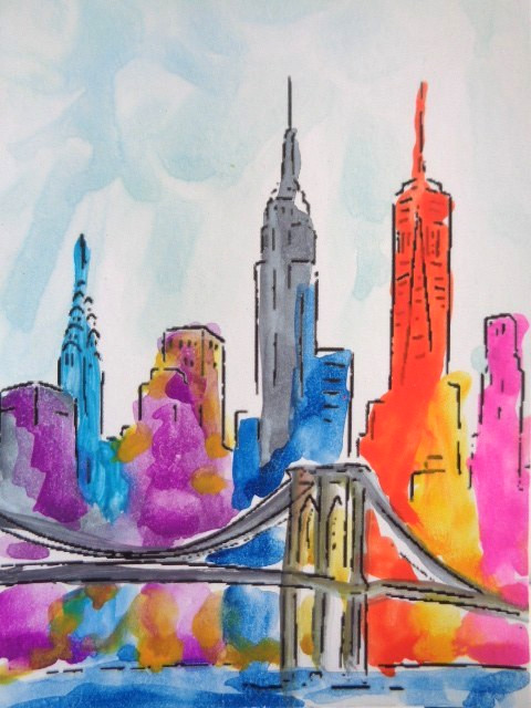 ACEO New York SKYLINE BROOKLYN BRIDGE Landscape Painting ART