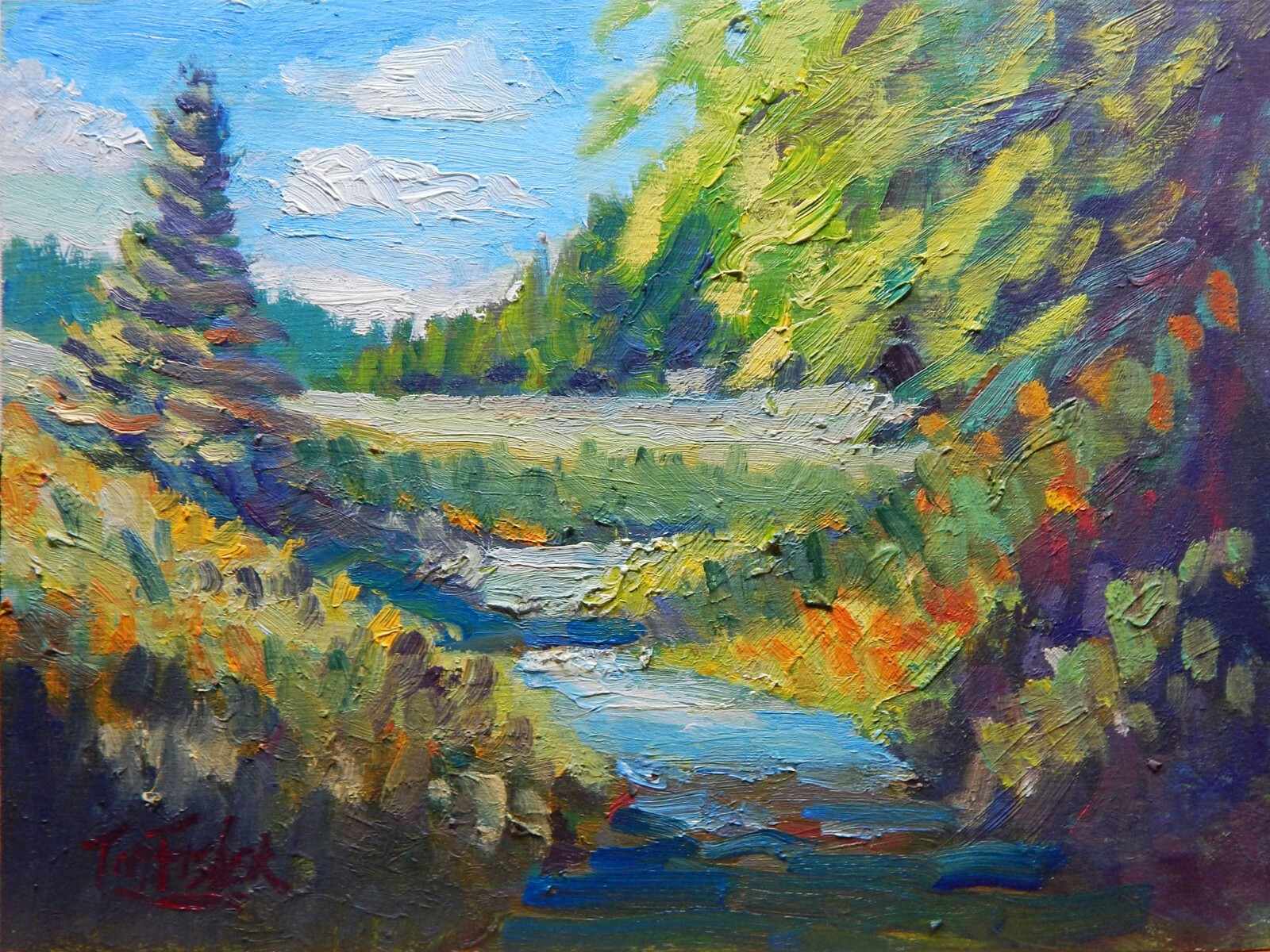 wilderness creek trees pines Impressionism Landscape Original Oil Painting
