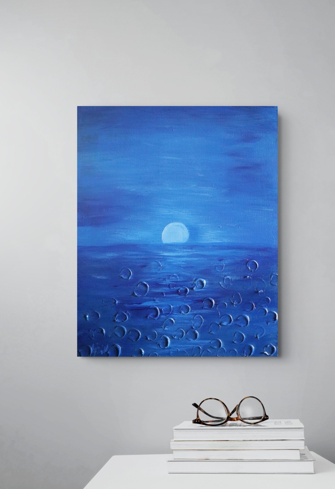 Original Moonlit Water Reflection Painting 16×20 Blue Textured Coastal Art