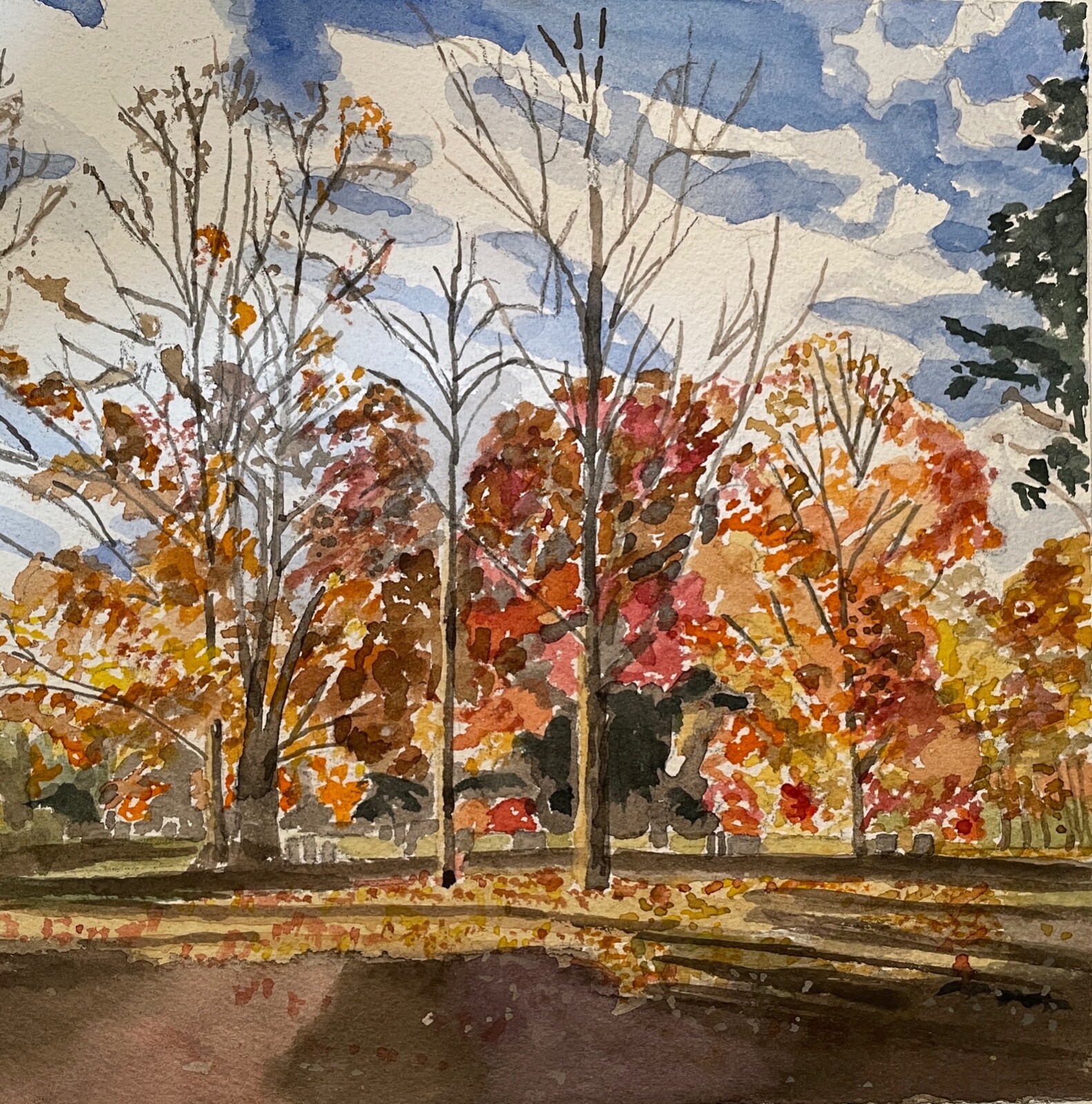 Salisbury, CT in October / Original Watercolor / 8 1/4″ H x 8 1/4″ W / Mimi Davi