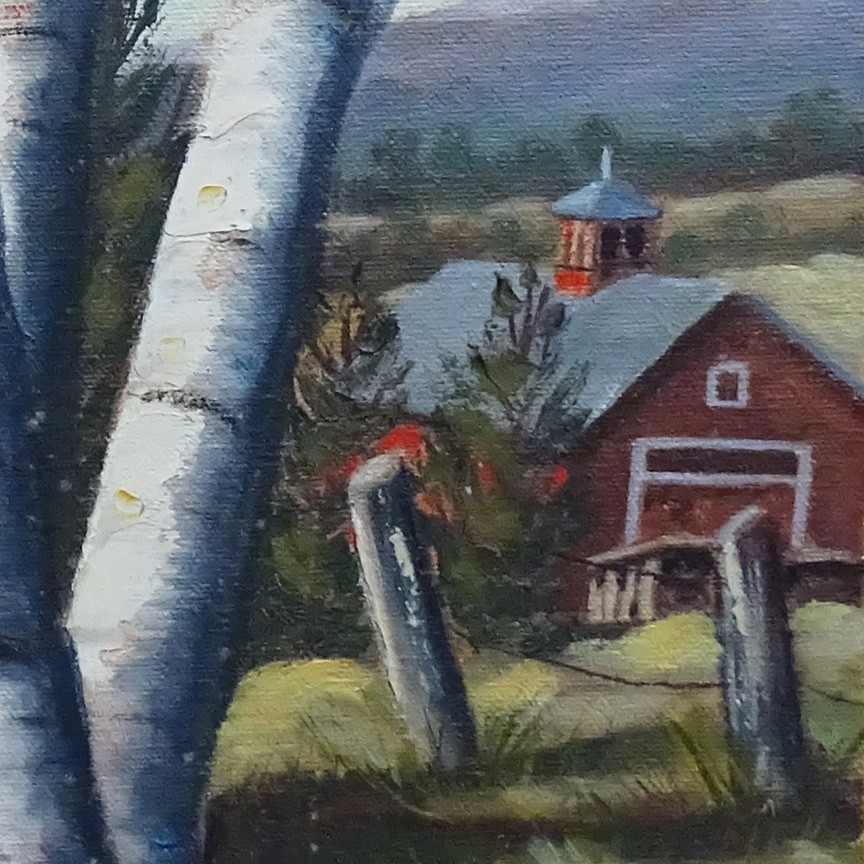 C1960-70s Landscape Oil Painting Farmhouse Barn Birch Trees Provenance 16×12