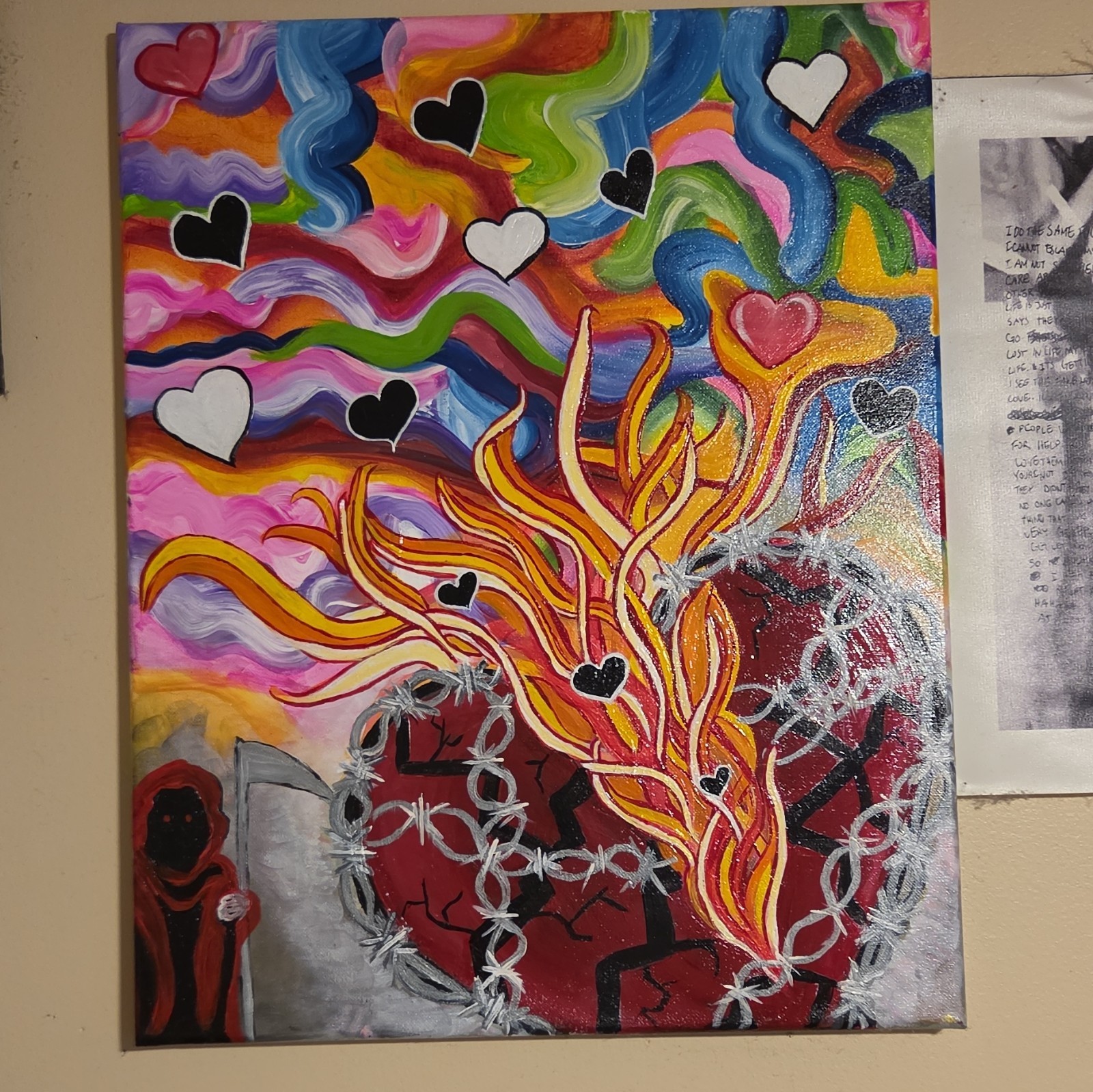 Hand-Painted Abstract Hearts Canvas Painting, Unframed Contemporary Wall Art