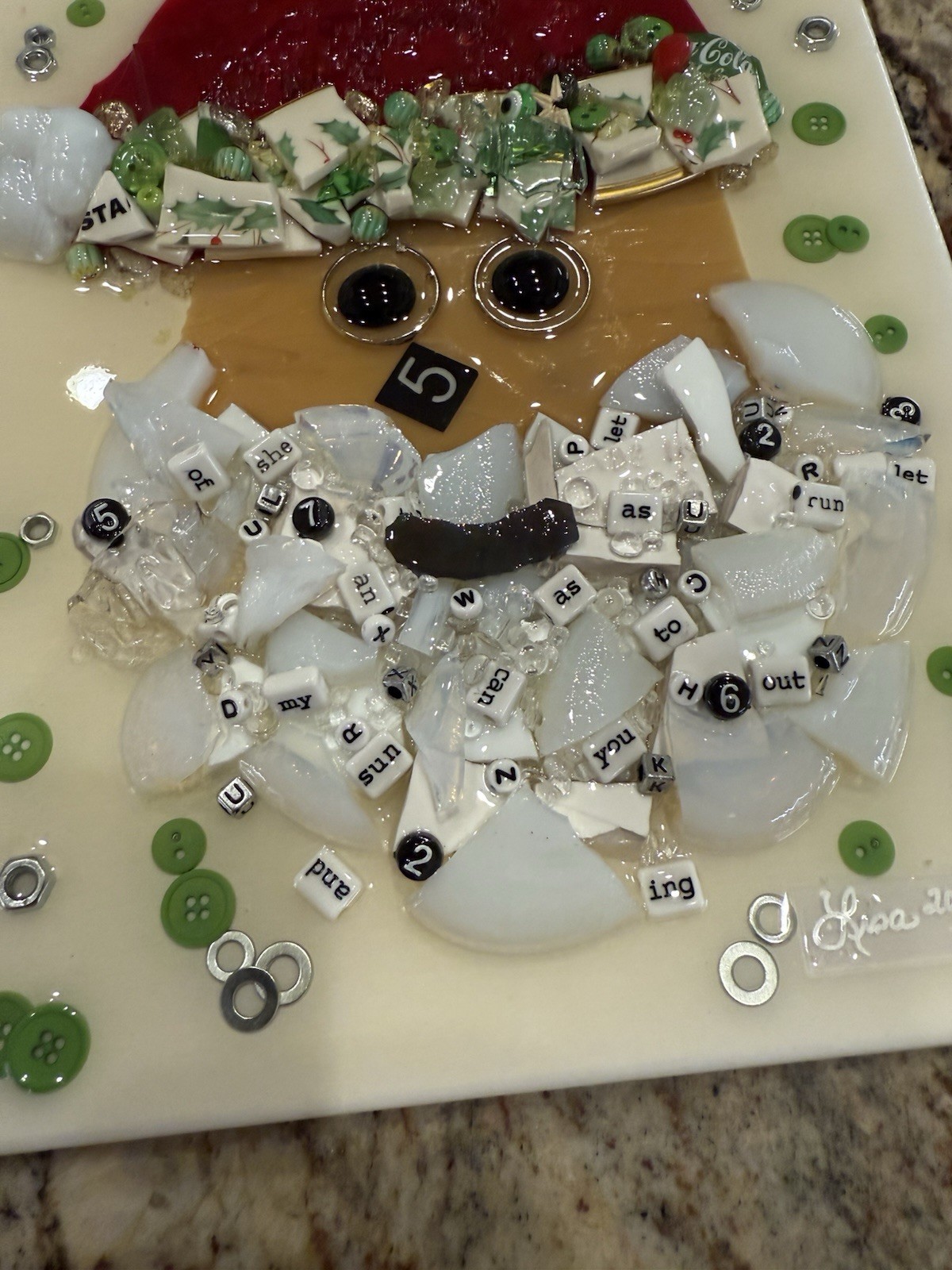 Artist Piece Santa Head with Hat on Canvas Using Crushed Glass and Baubles Xmas