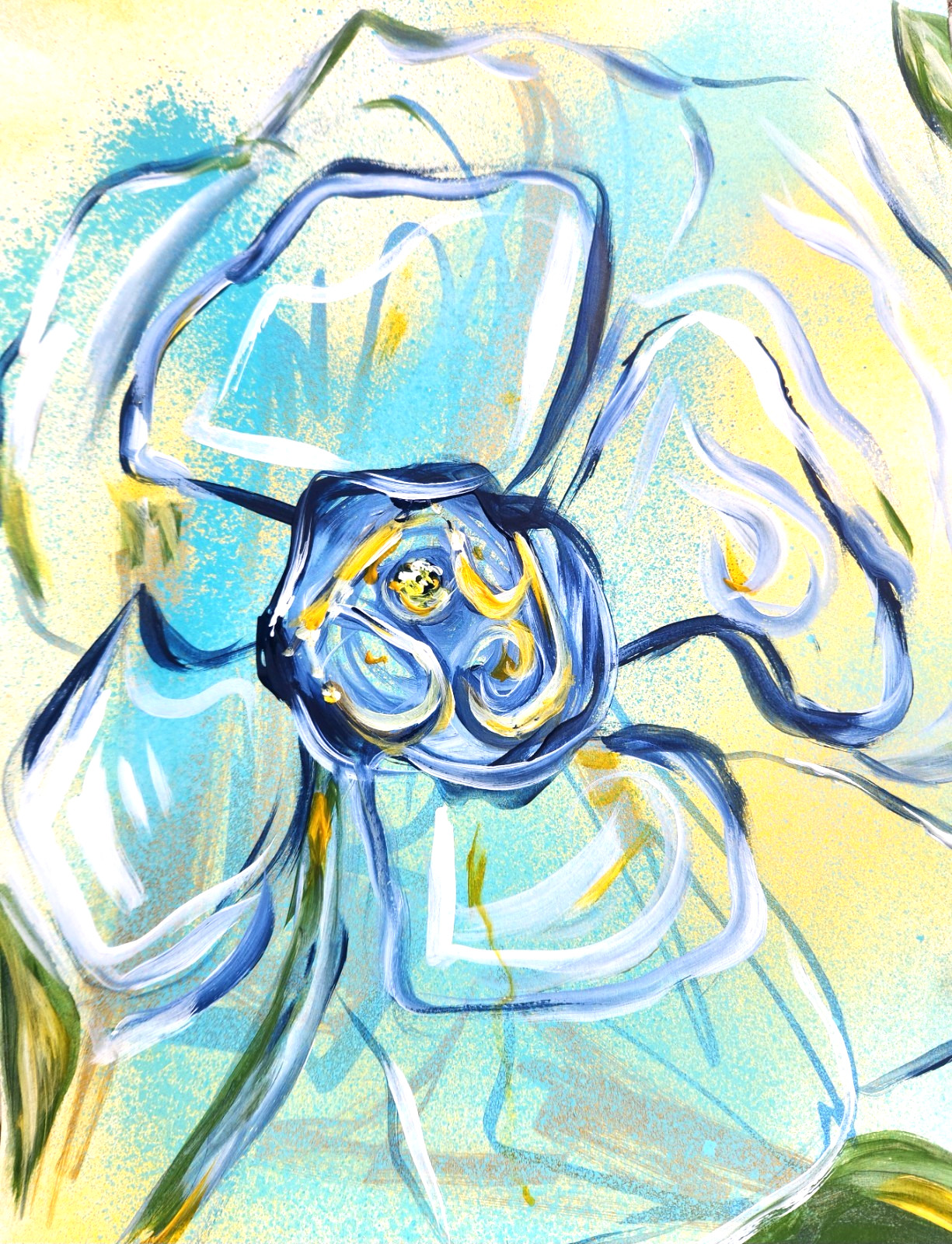 Coastal Bloom – 11×14 Modern Abstract Floral Painting on Paper | Blue Yellow Art