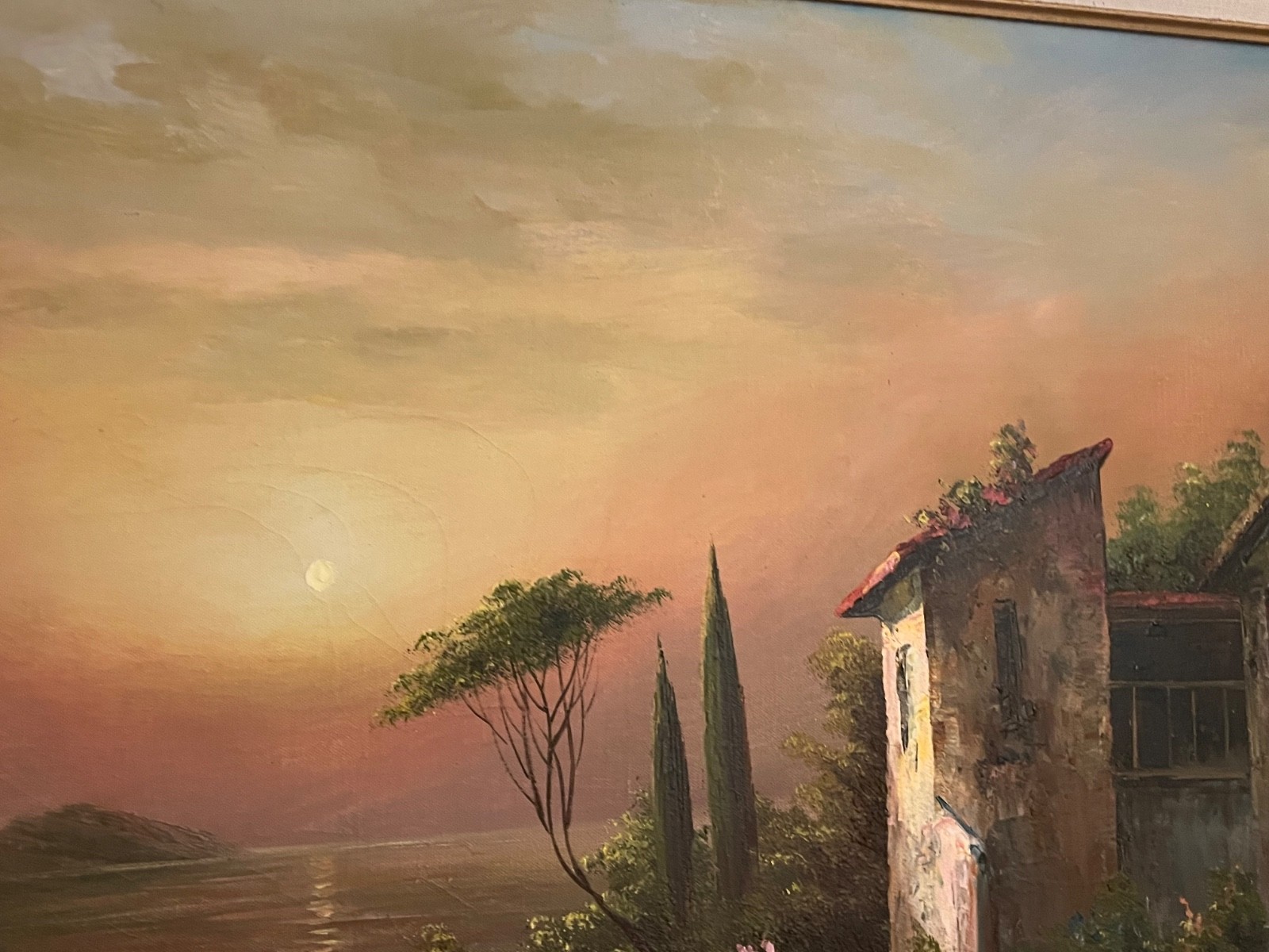 Framed Original oil on canvas signed by Rossini , Coastal Italian Villa 44×31.5”