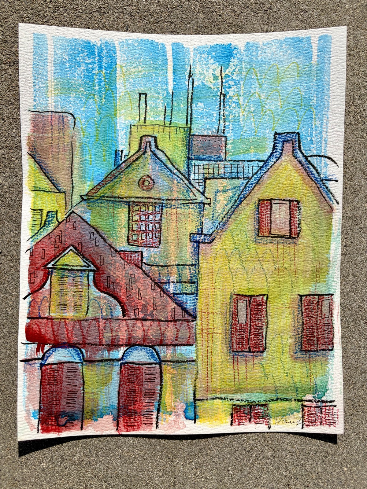 Original Red Blue Buildings By Alannah Dyer- Acrylic 8×10 in. Village Houses