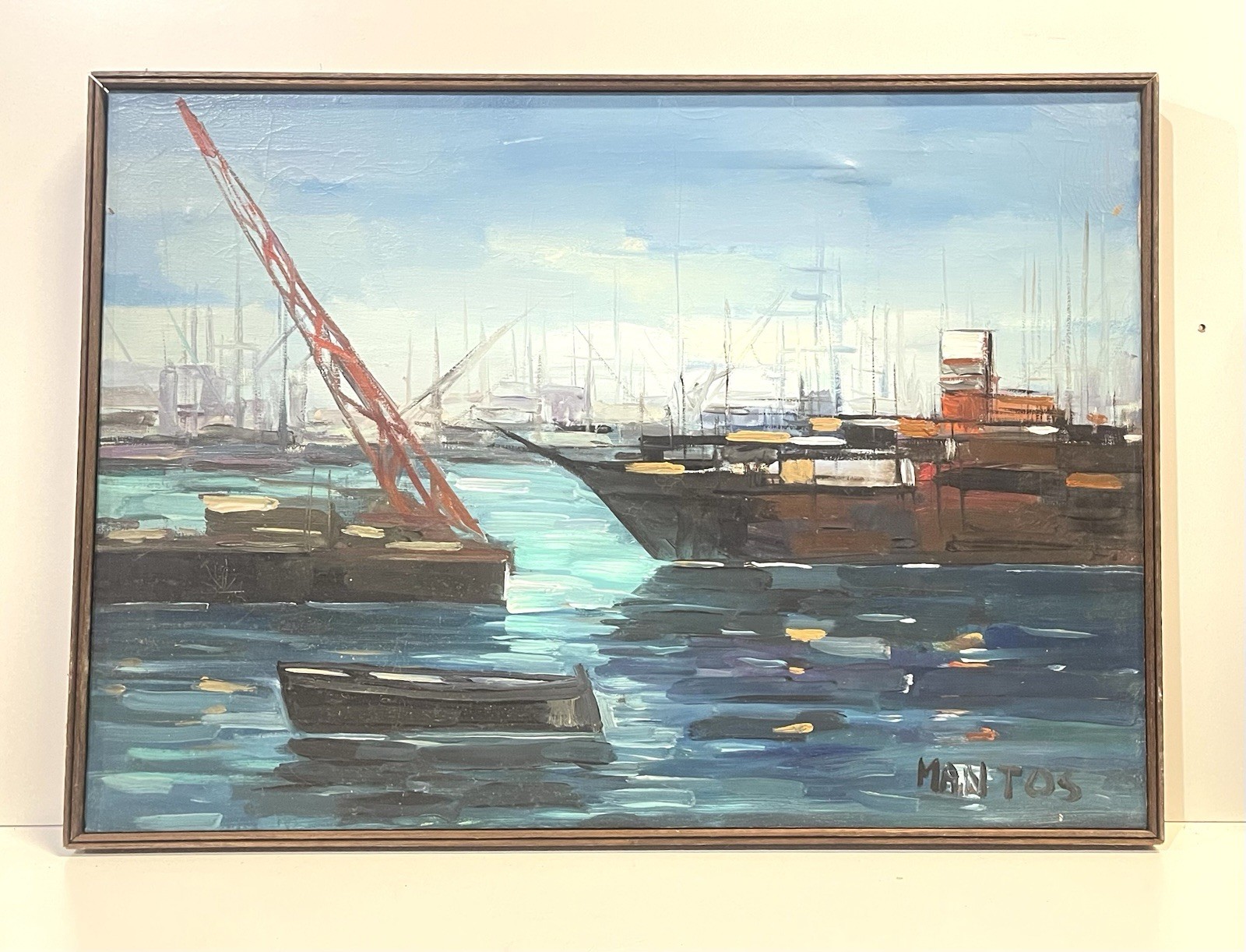 Vintage Harbor Shipyard Nautical Scene Painting On Canvas Framed Signed