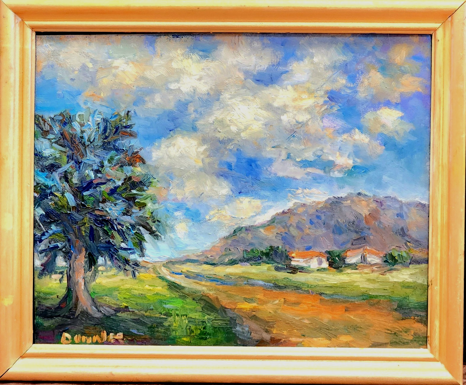Original Oil Painting Landscape Mountains Clouds Trees Adobes Framed by Donalee