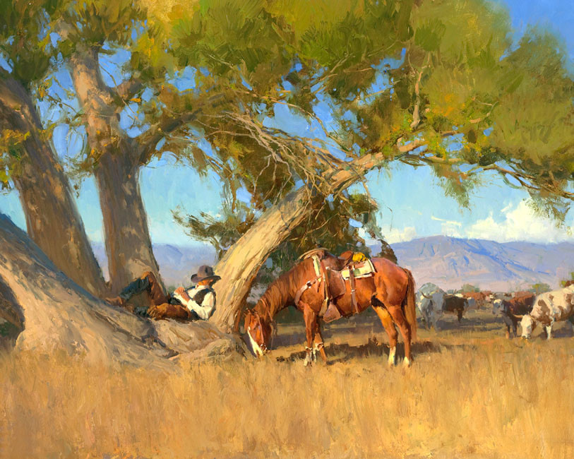 Cowboy resting under the tree Oil Painting Giclee Art Printed on canvas L2023