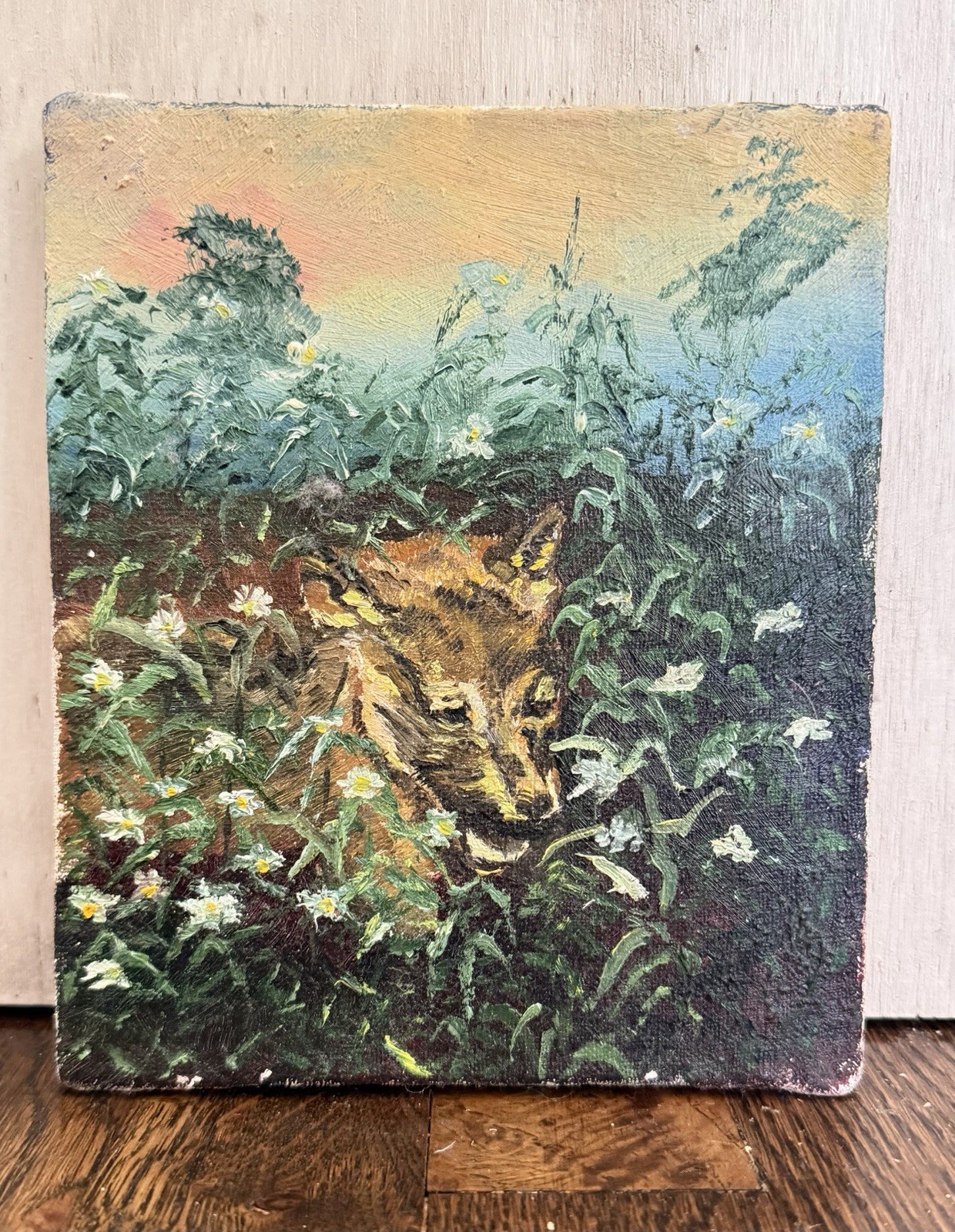 Small Oil Unframed Painting Depicting Nature And Animals