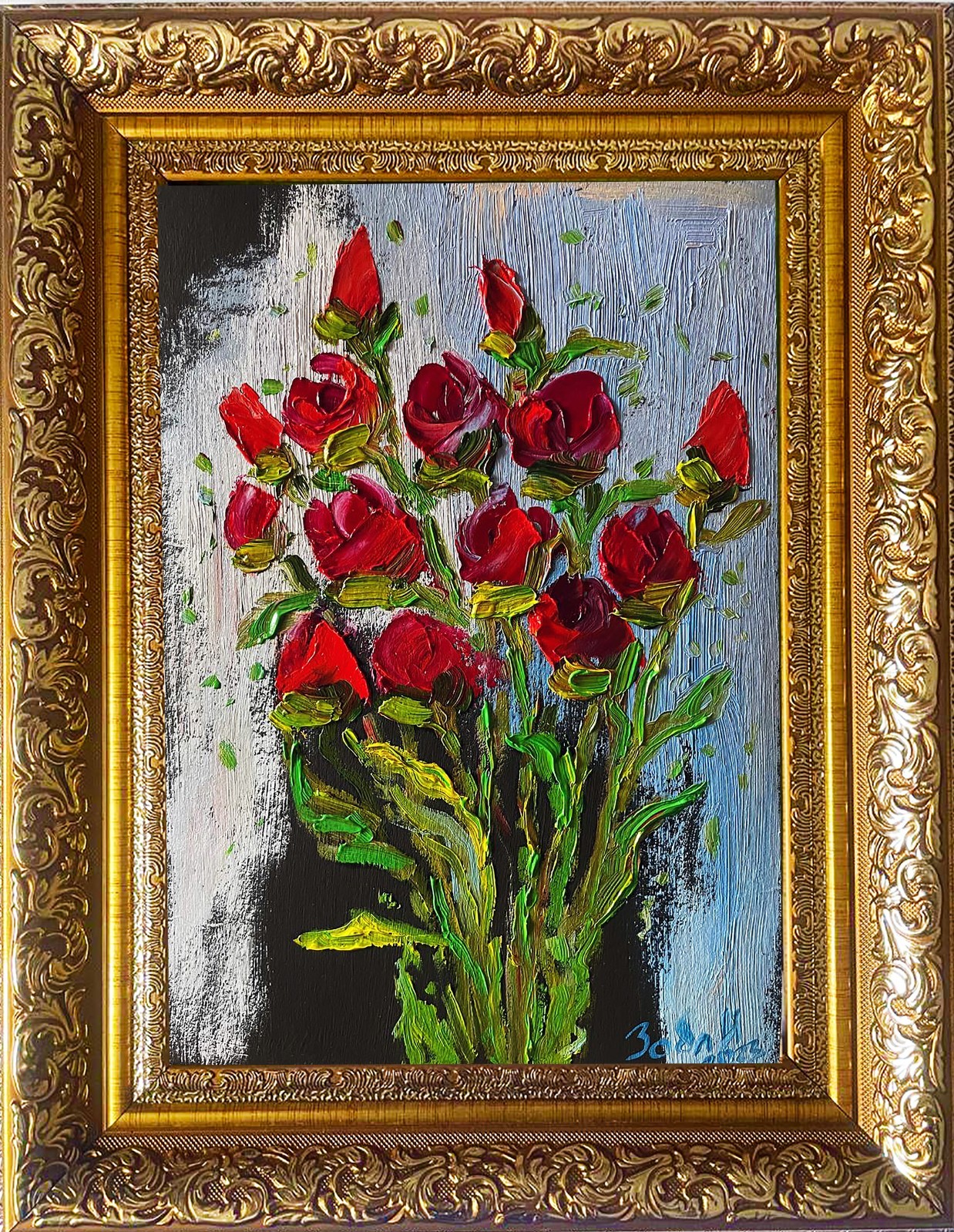 Red Roses Oil Painting, 20×28 cm (7.87×11.02 in), Textured Palette Knife Floral