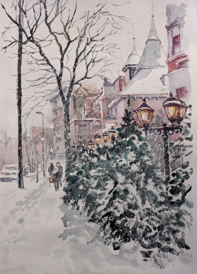 Urban Winter City Street Watercolor Painting Snowy Houses Trees Original Art