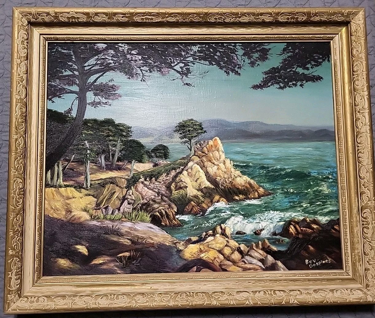 Vintage Oil Painting Cypress Point Monterey Peninsula MCM Frame 16×20 B.Despines