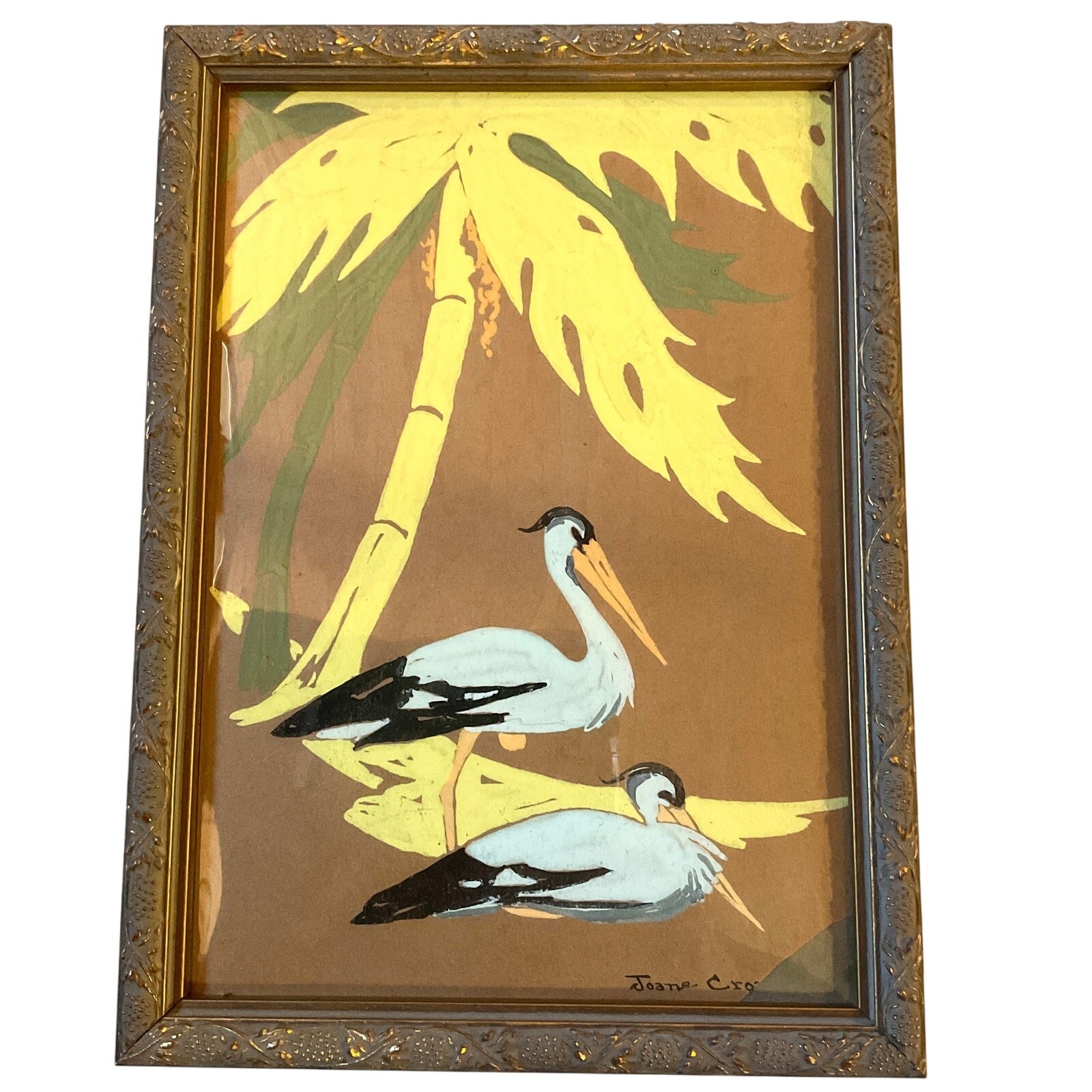 40s watercolor storks Heron pelicans birds signed framed art palm trees