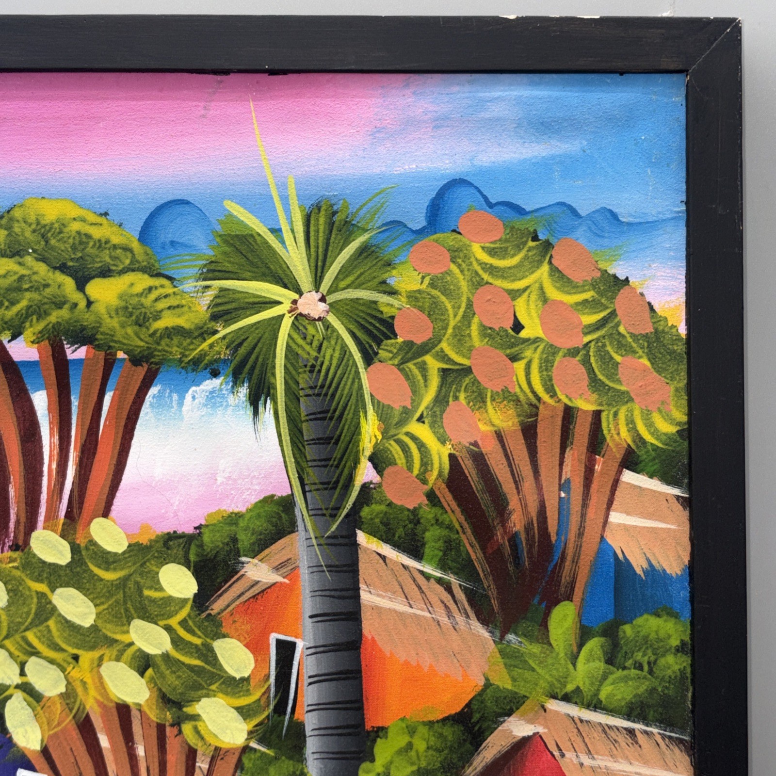 Vintage Haitian Folk Art Market Painting Signed Emilio-Saul Caribbean Village