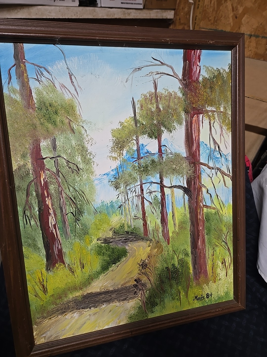 Vtg Wood FRAMED Canvas Painting Still Life Nature Mountain Road Tree Art Signed