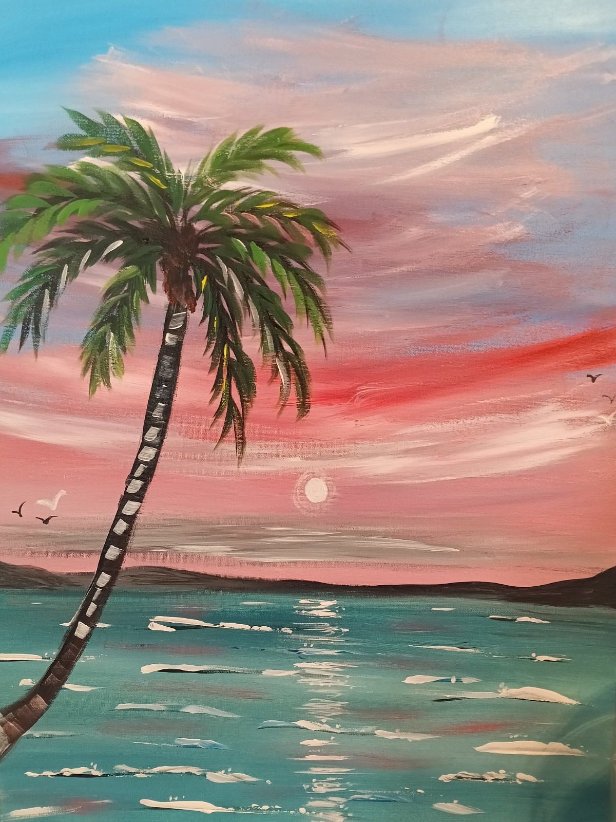 Original Tropical Sunset Palm Tree Beach Painting Canvas Coastal Wall Art 18×24