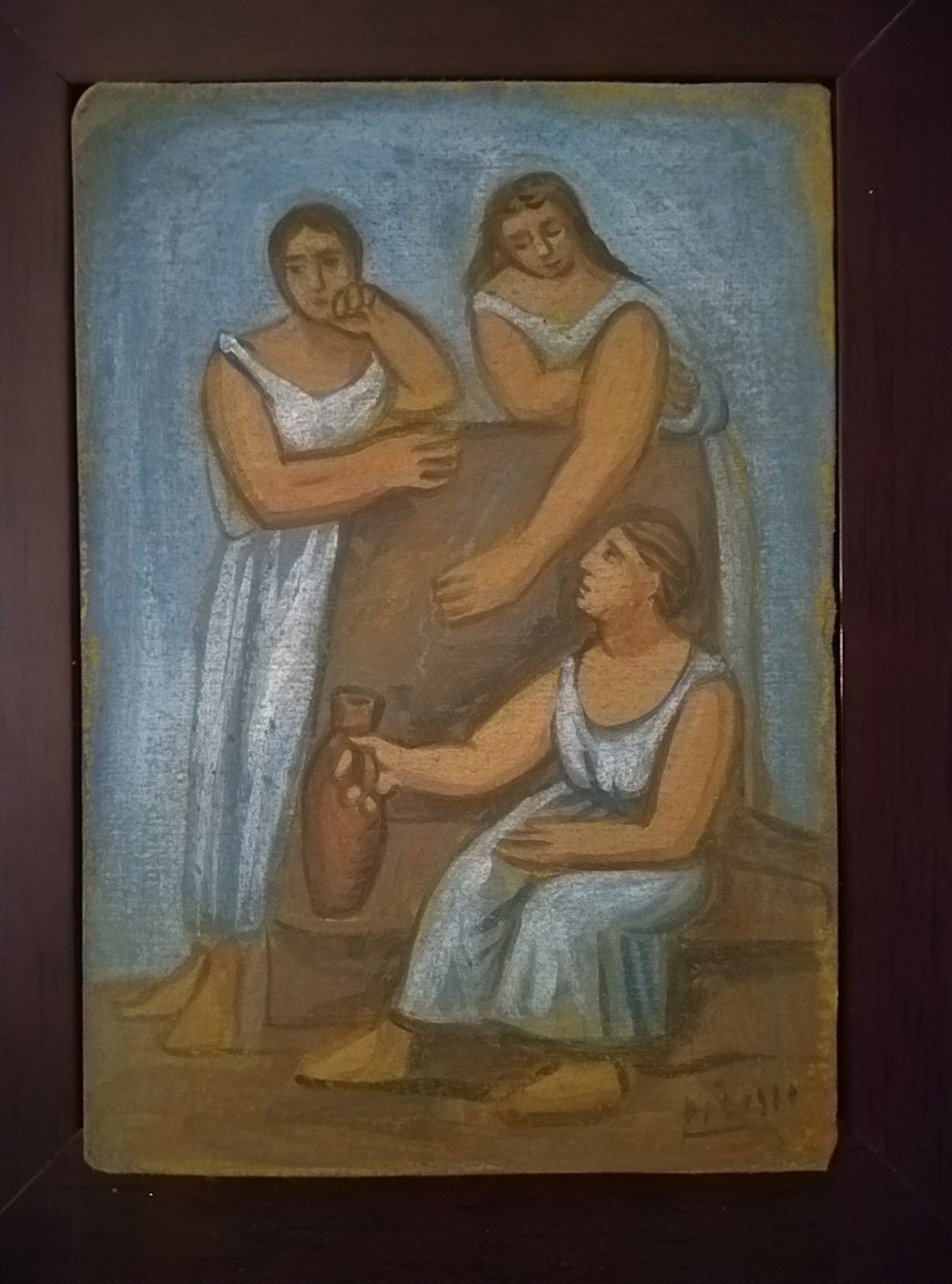Three Women at the Spring Picasso Expressionism Style Painting on Cardboard