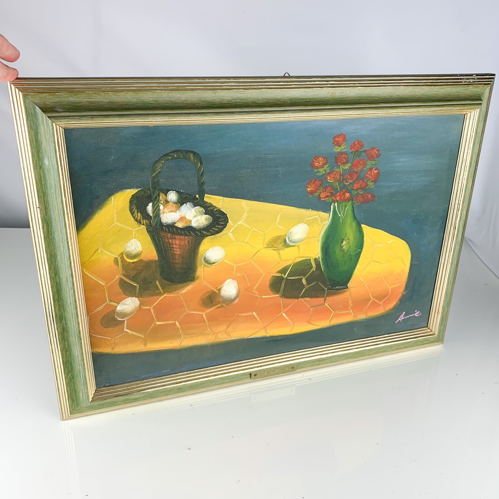 Vintage Vase of Flowers & Egg Basket Still Life Framed Painting Signed Art mcm