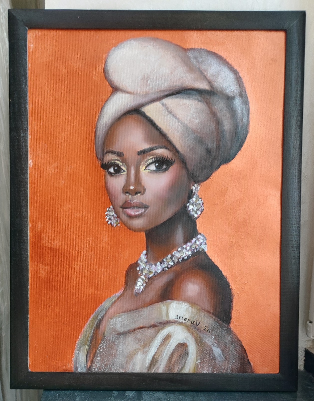African Queen Woman Portrait Painting Turban Original Fine Art Canvas 13×17 in
