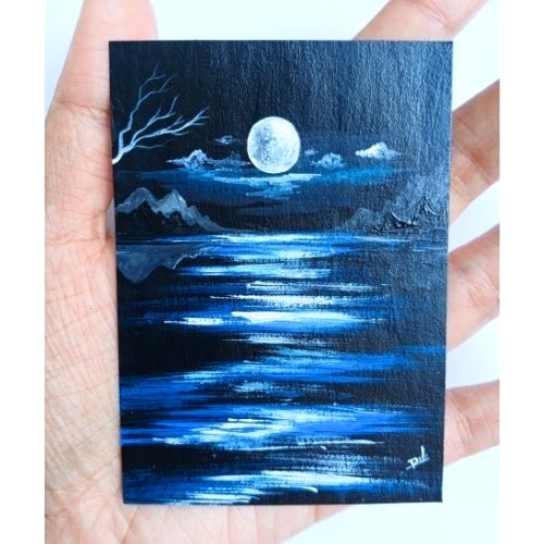 ACEO Original Landscape Nature Sky Night Moon Acrylic Art Card Hand Painting NEW
