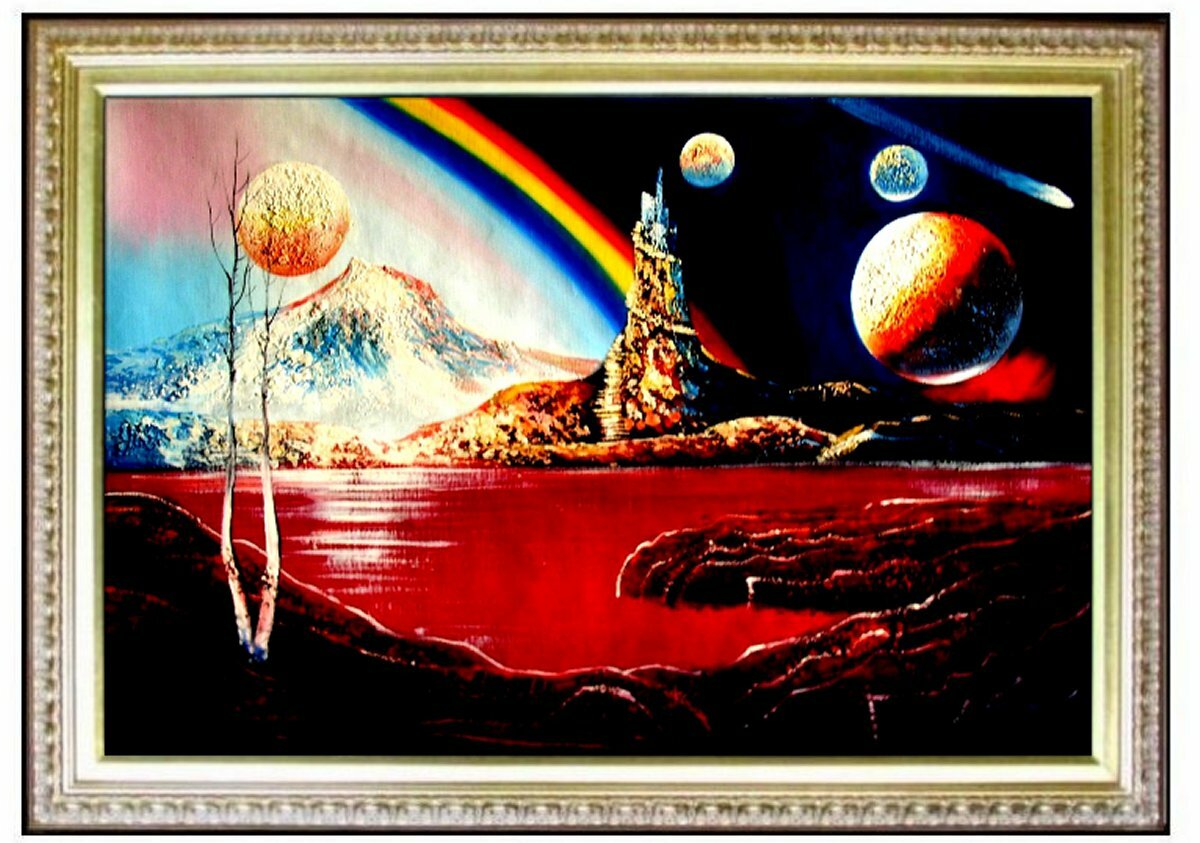 Framed Abstract Moon, Stars and Lake, Quality Hand Painted Oil Painting 24x36in