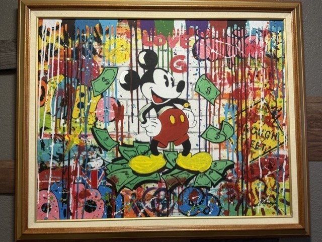 Nastya Rovenskaya- Hand Signed Original Acrylic on Canvas “Mickey Mouse Money”