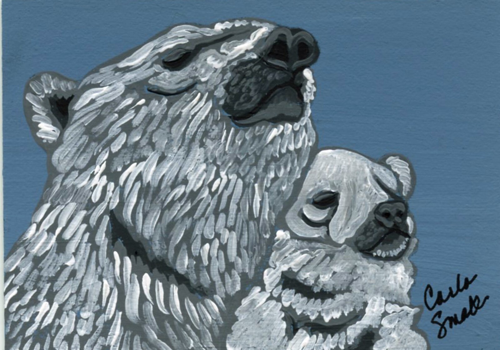 ACEO Original Painting Polar Bear Mother and Cub Wildlife Art -C. Smale