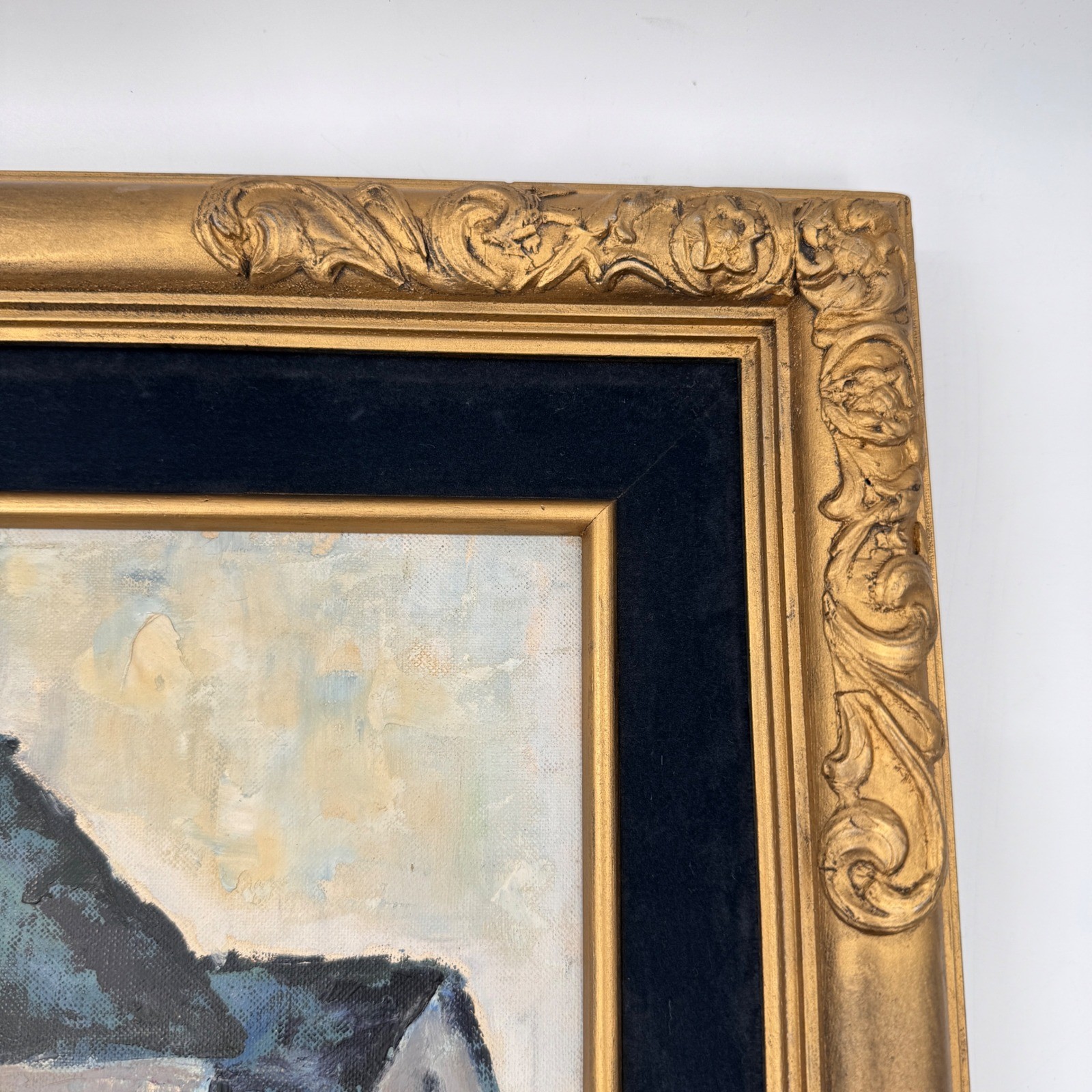 Mid Century European School Coastal Village Oil Painting Velvet Liner Frame