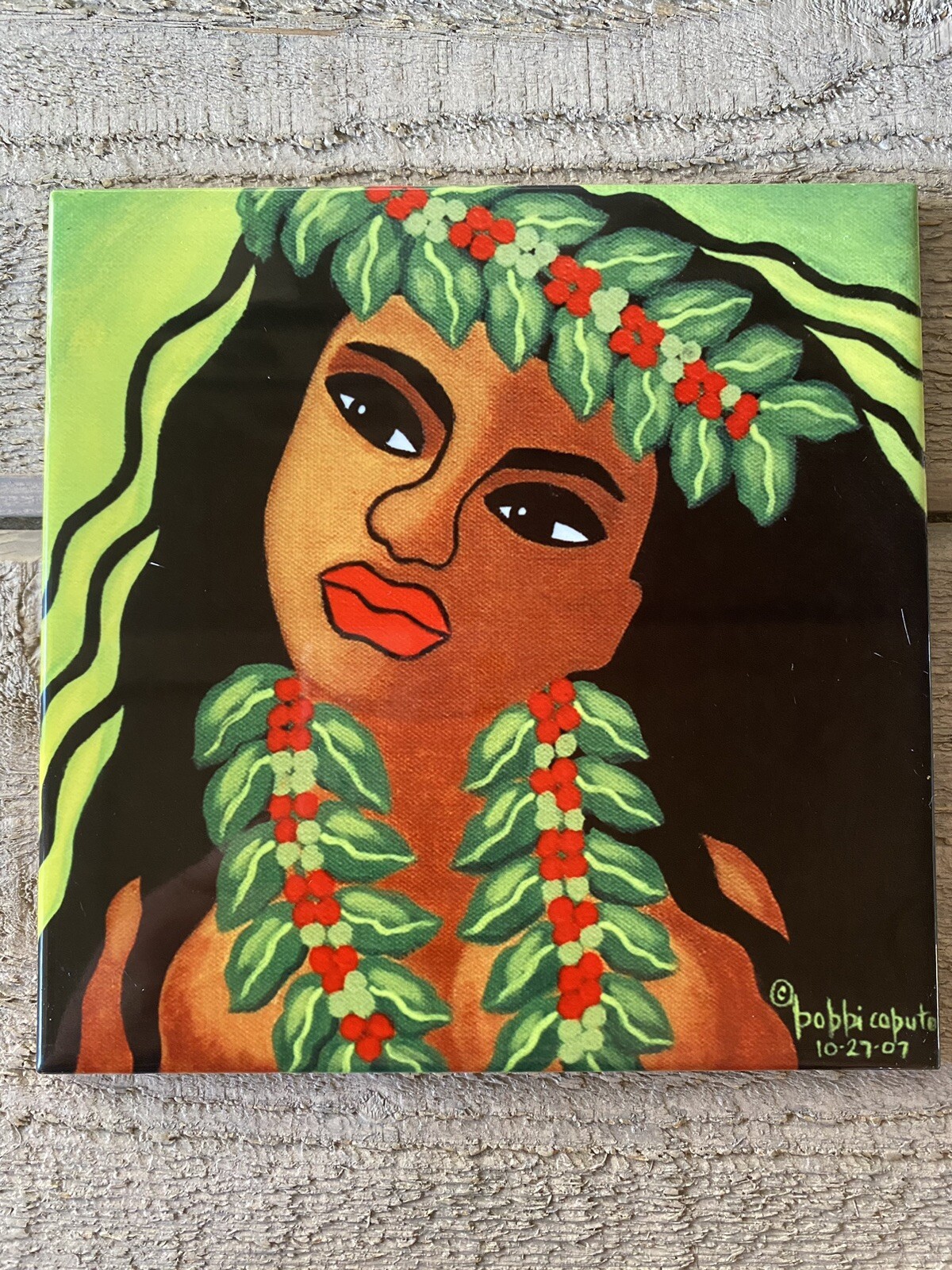 Bobbi Caputo Hand Painted Tile Hawaiian Folk Art “Island Girl” Signed