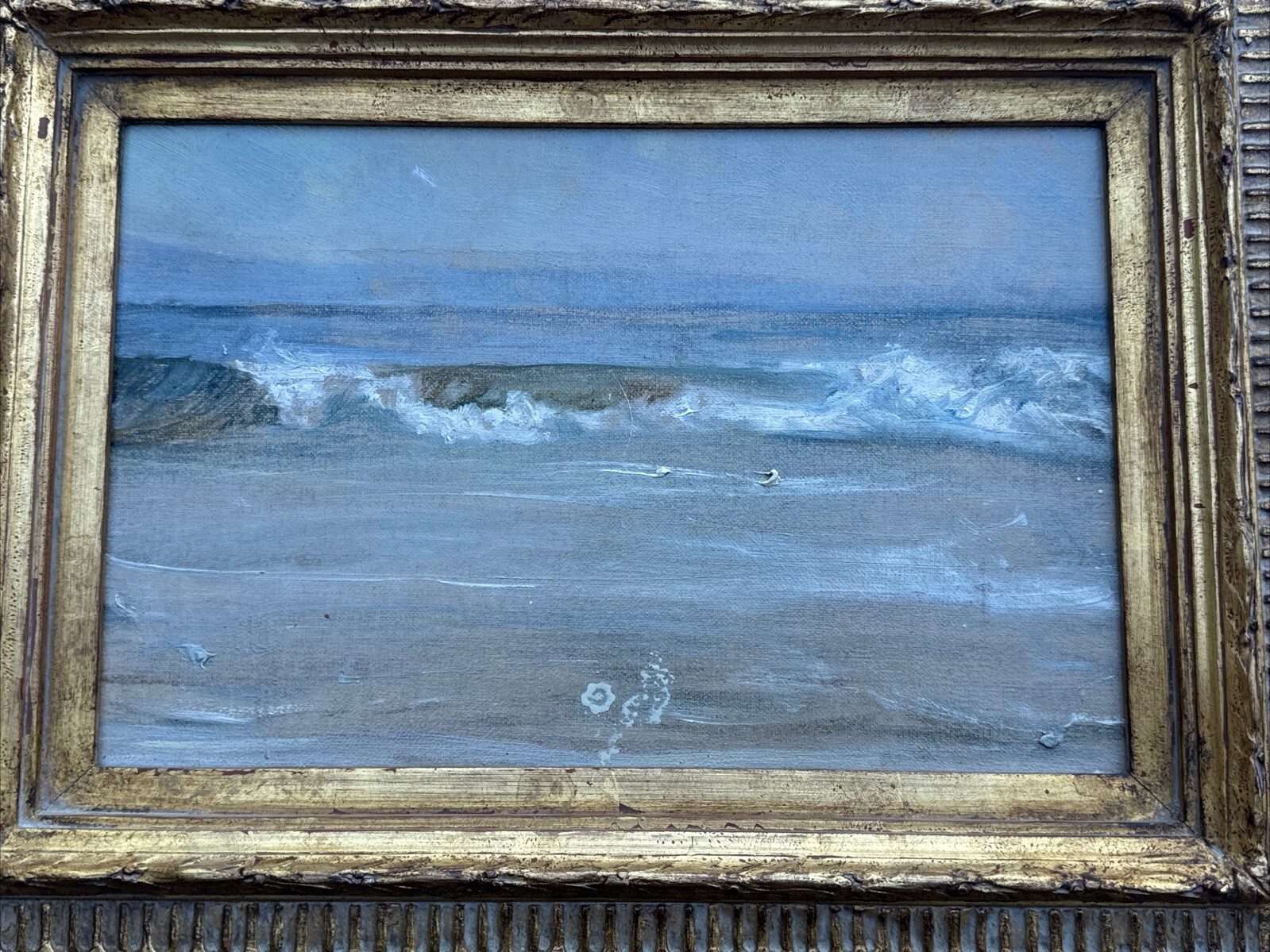 ANTIQUE COASTAL PAINTING BEACH WAVES 1920’S ESTATE STAMPED SIGNATURE MYSTERY SEA