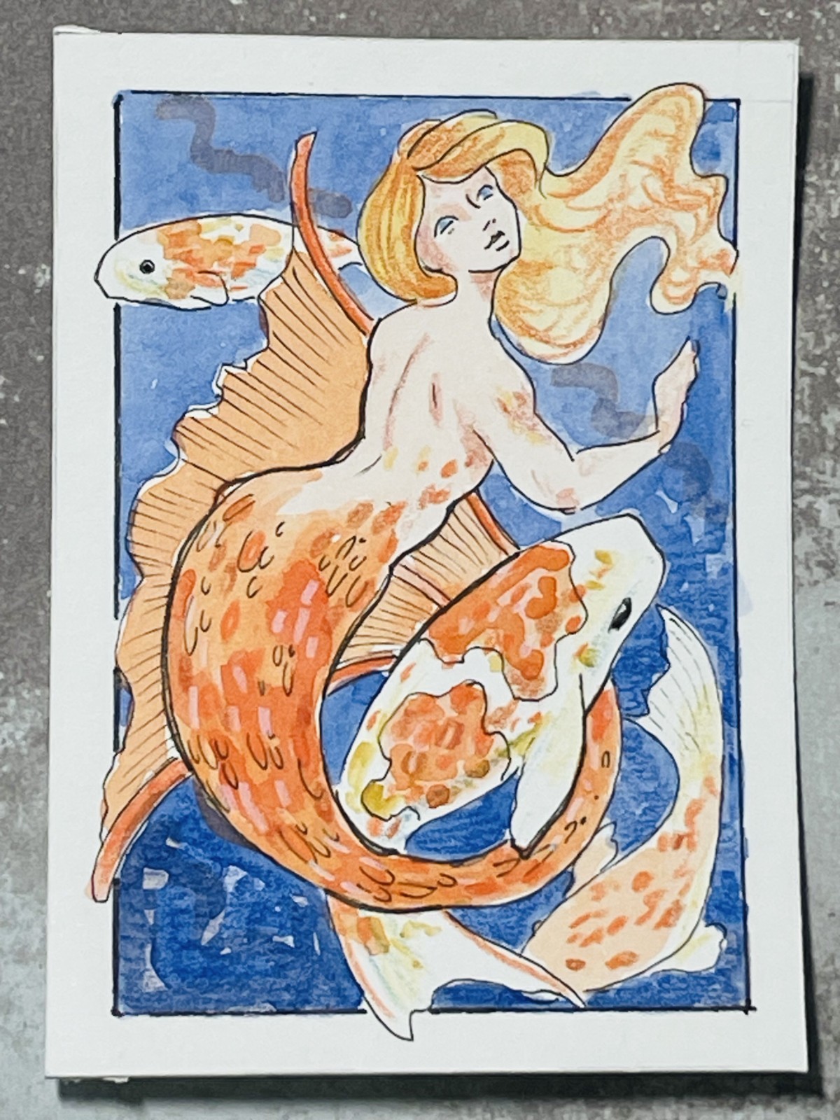ACEO original ink and watercolor “Orange Koi Mermaid”, 2.5″ x 3.5″