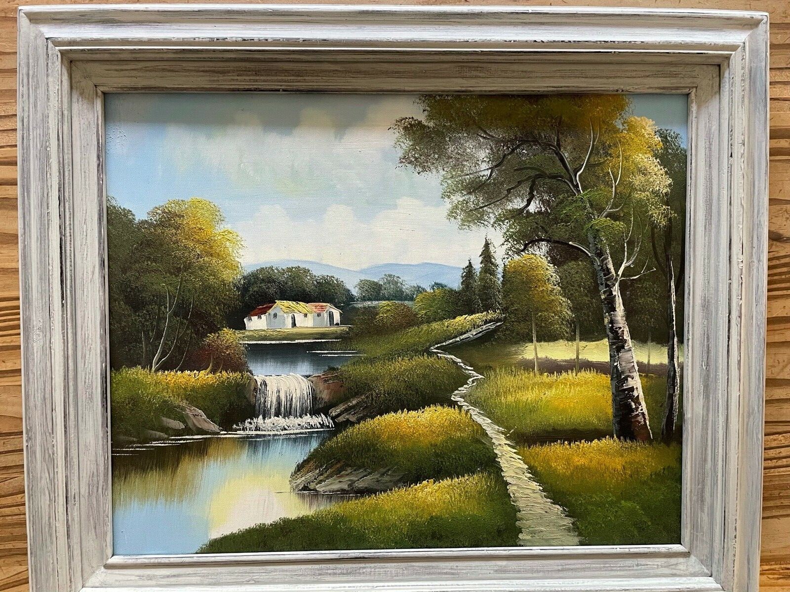 Original Landscape Oil Painting Farmhouse Water Fall Framed 21” by 25” Unsigned