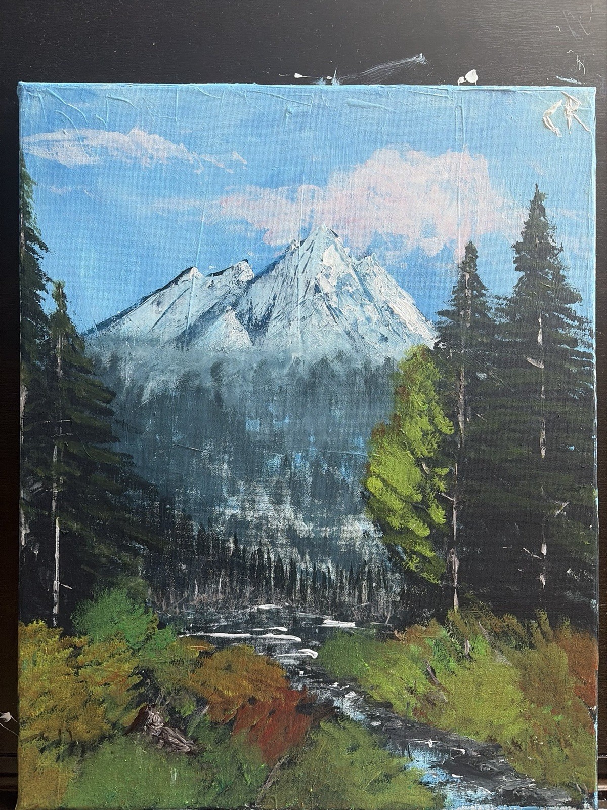 Mountain River Forest Landscape Painting on Canvas, Unframed. (16x20in)