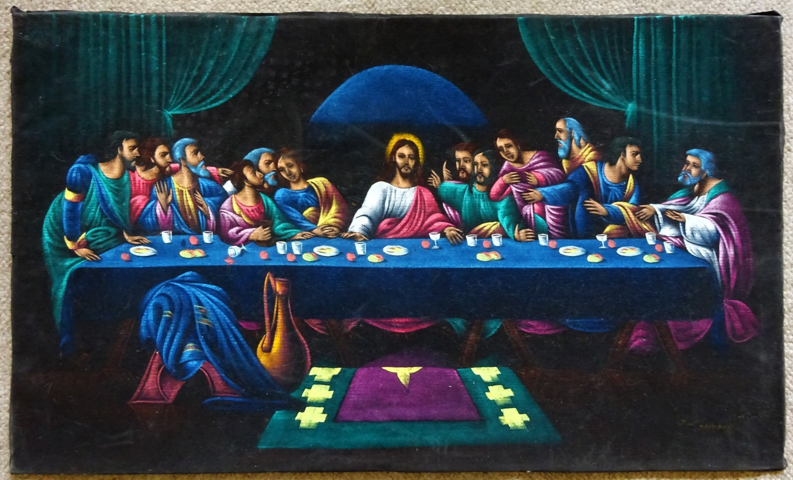 Vintage BLACK VELVET PAINTING-The Last Supper-32″ x 19″-SIGNED